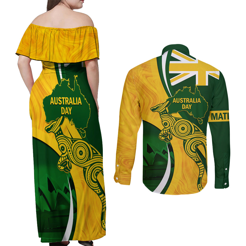 Matildas Soccer Couples Matching Off Shoulder Maxi Dress and Long Sleeve Button Shirt 2024 Happy Australia Day Kangaroo Aussie Proud - National Color