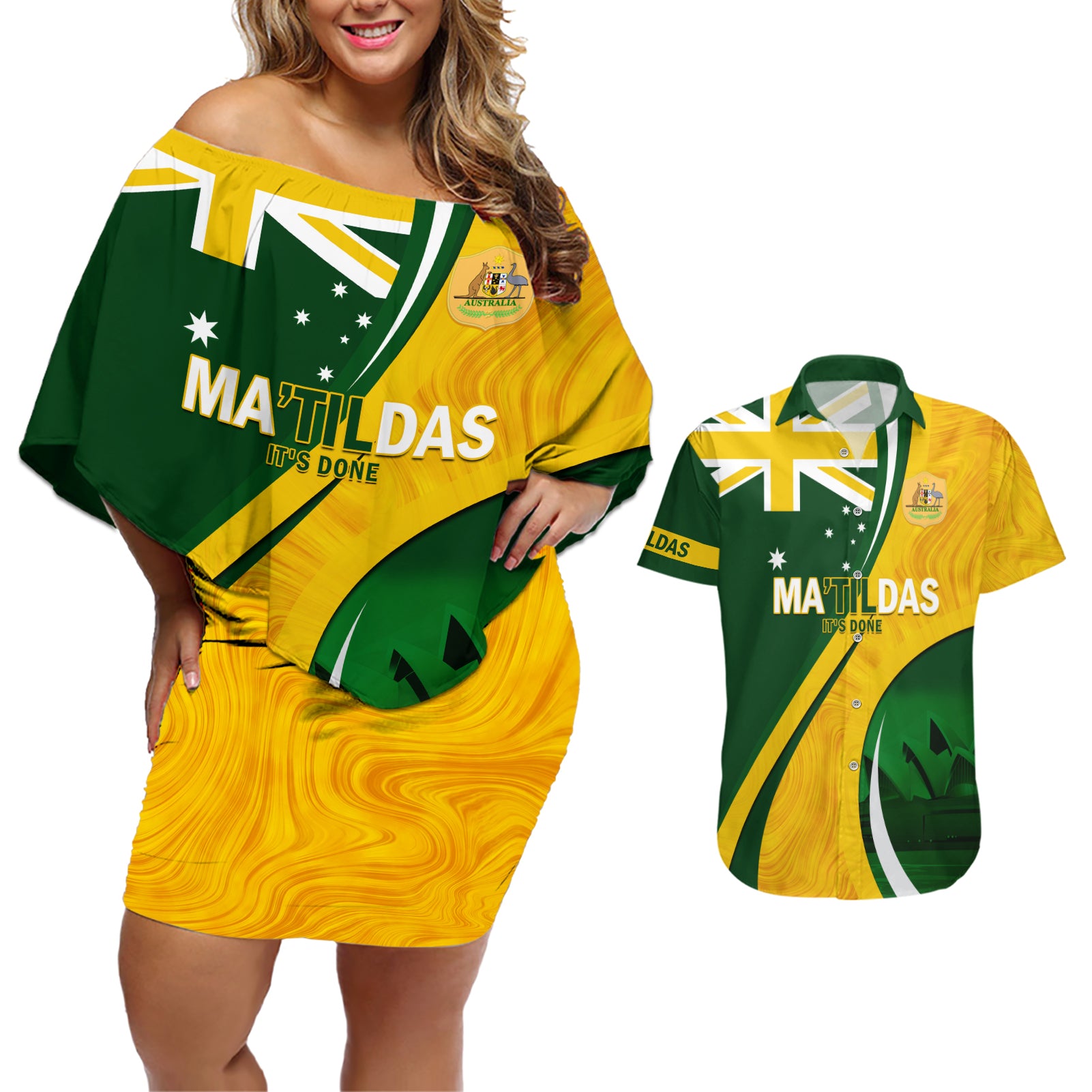 Matildas Soccer Couples Matching Off Shoulder Short Dress and Hawaiian Shirt 2024 Happy Australia Day Kangaroo Aussie Proud - National Color