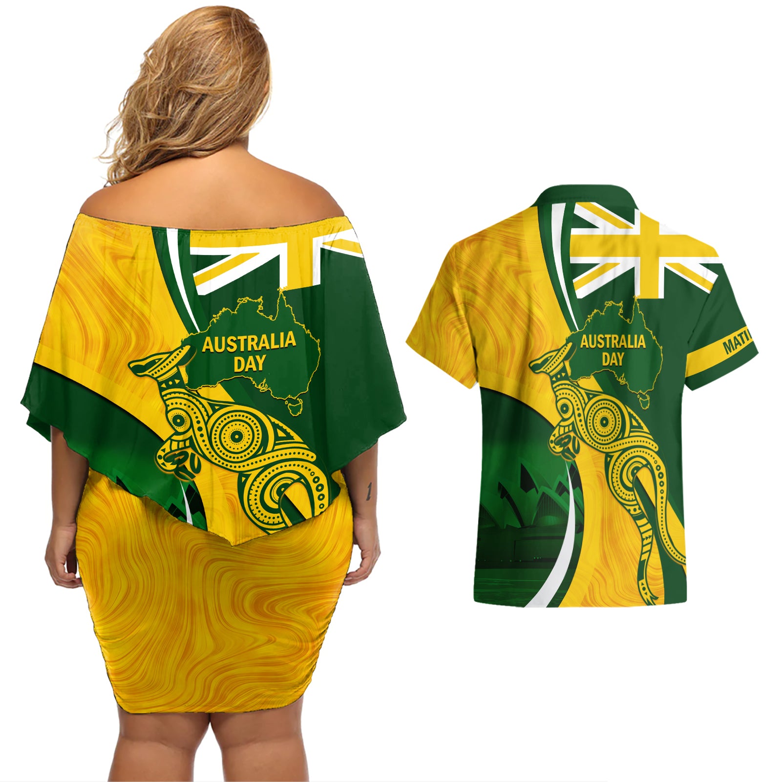 Matildas Soccer Couples Matching Off Shoulder Short Dress and Hawaiian Shirt 2024 Happy Australia Day Kangaroo Aussie Proud - National Color