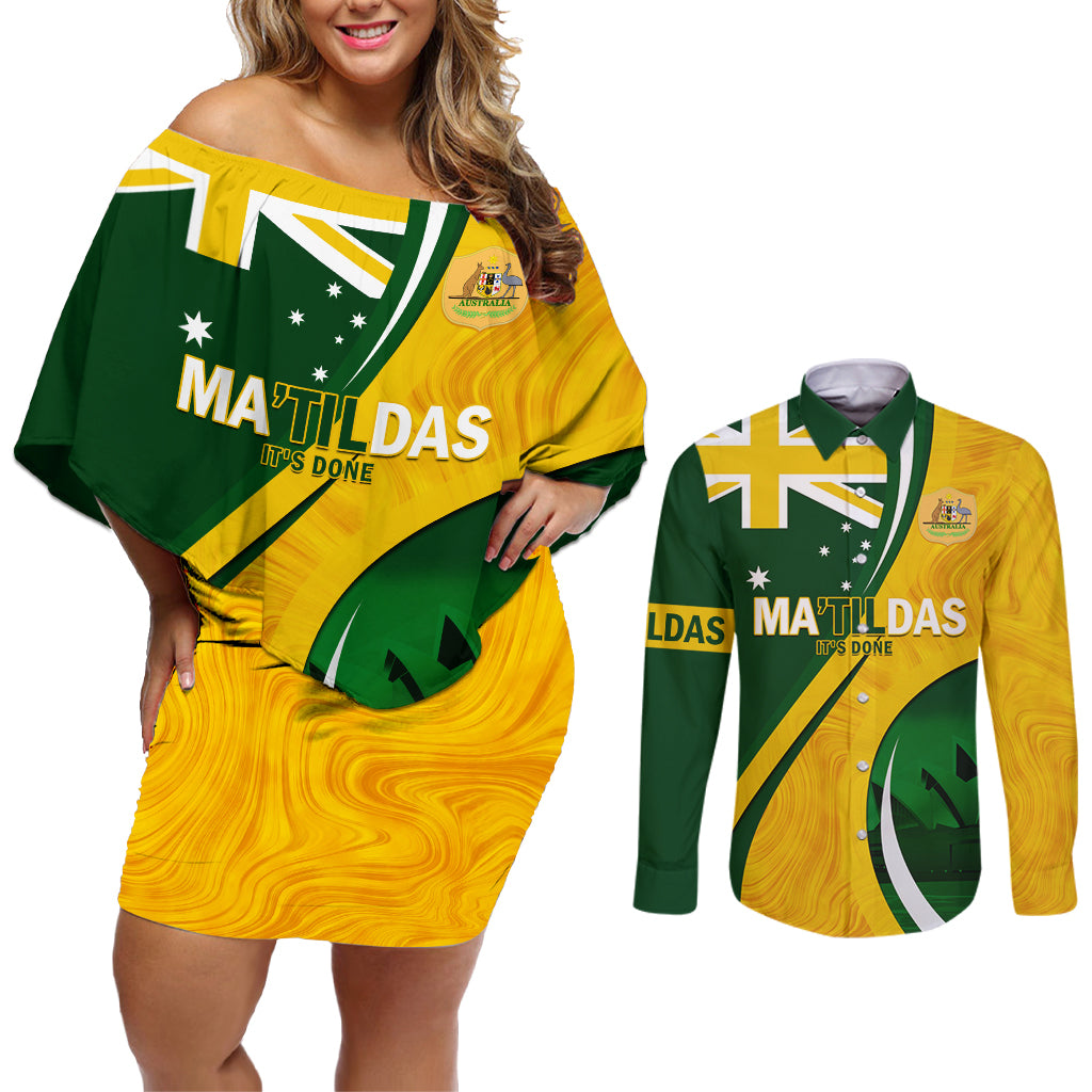 Matildas Soccer Couples Matching Off Shoulder Short Dress and Long Sleeve Button Shirt 2024 Happy Australia Day Kangaroo Aussie Proud - National Color