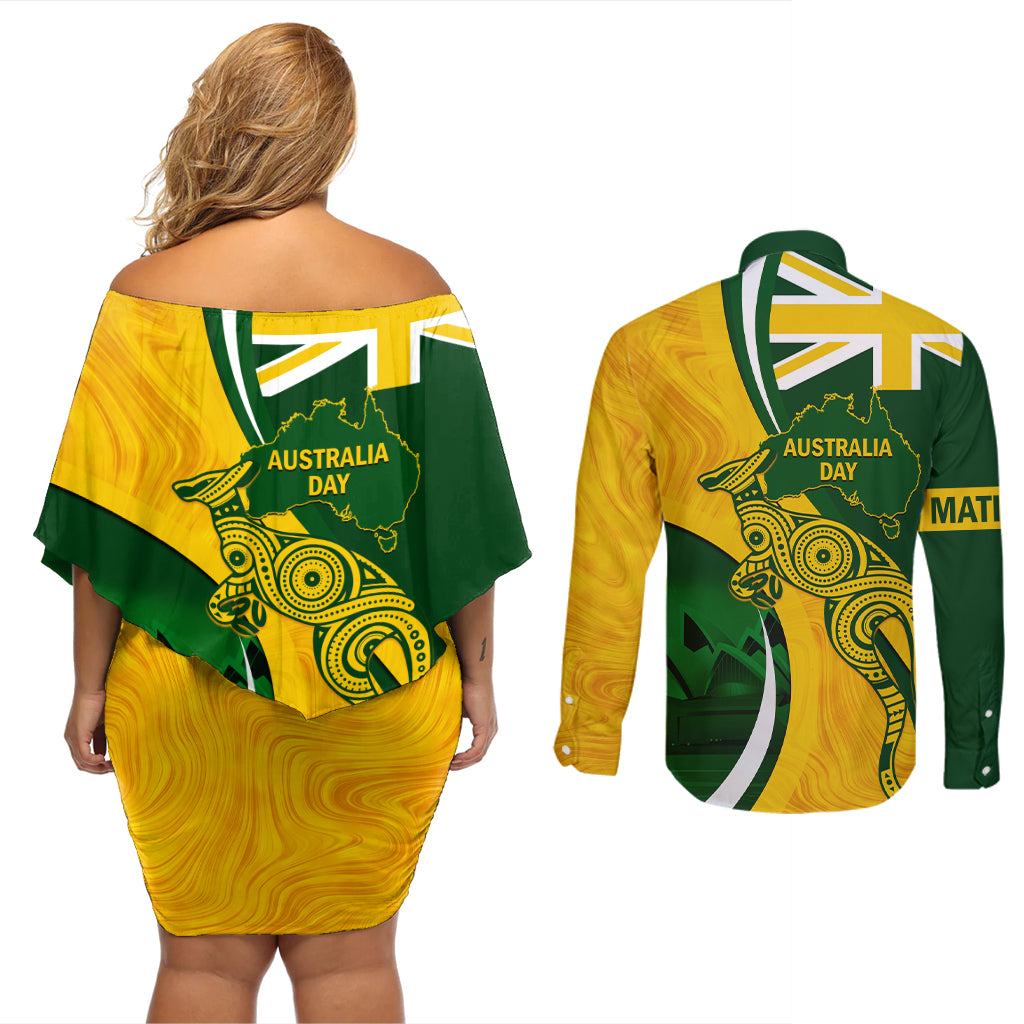 Matildas Soccer Couples Matching Off Shoulder Short Dress and Long Sleeve Button Shirt 2024 Happy Australia Day Kangaroo Aussie Proud - National Color