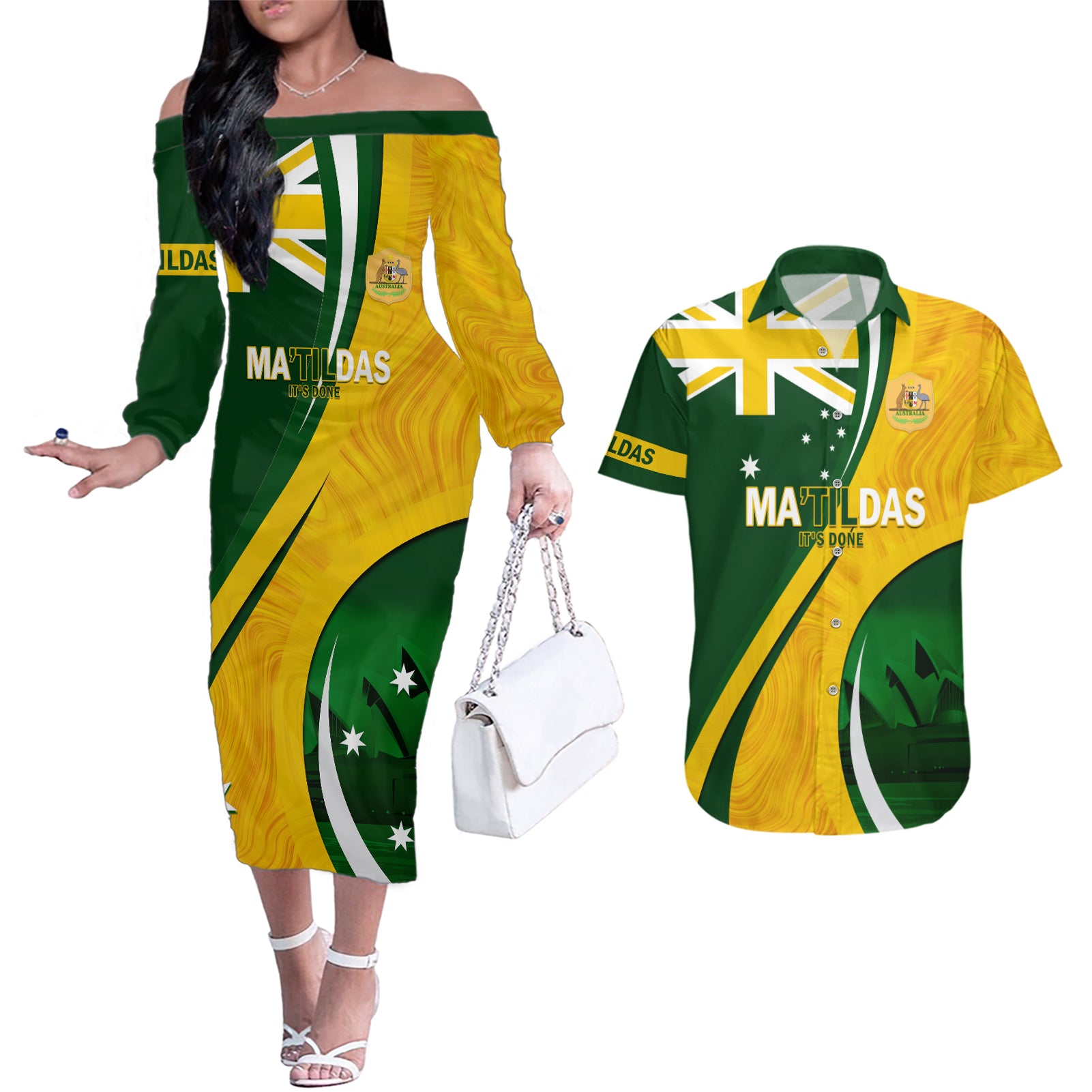 Matildas Soccer Couples Matching Off The Shoulder Long Sleeve Dress and Hawaiian Shirt 2024 Happy Australia Day Kangaroo Aussie Proud - National Color