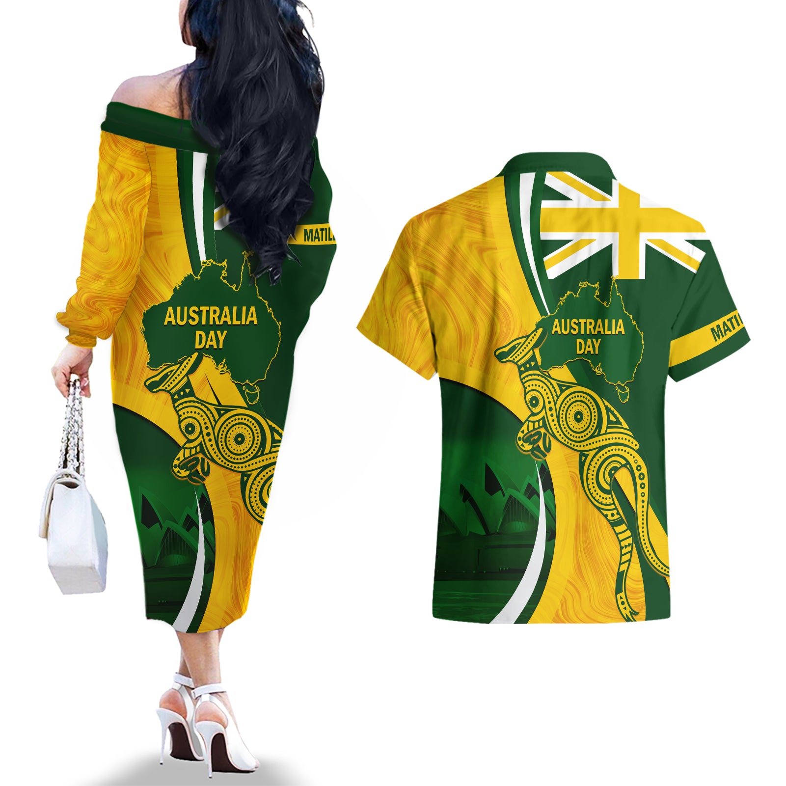 Matildas Soccer Couples Matching Off The Shoulder Long Sleeve Dress and Hawaiian Shirt 2024 Happy Australia Day Kangaroo Aussie Proud - National Color