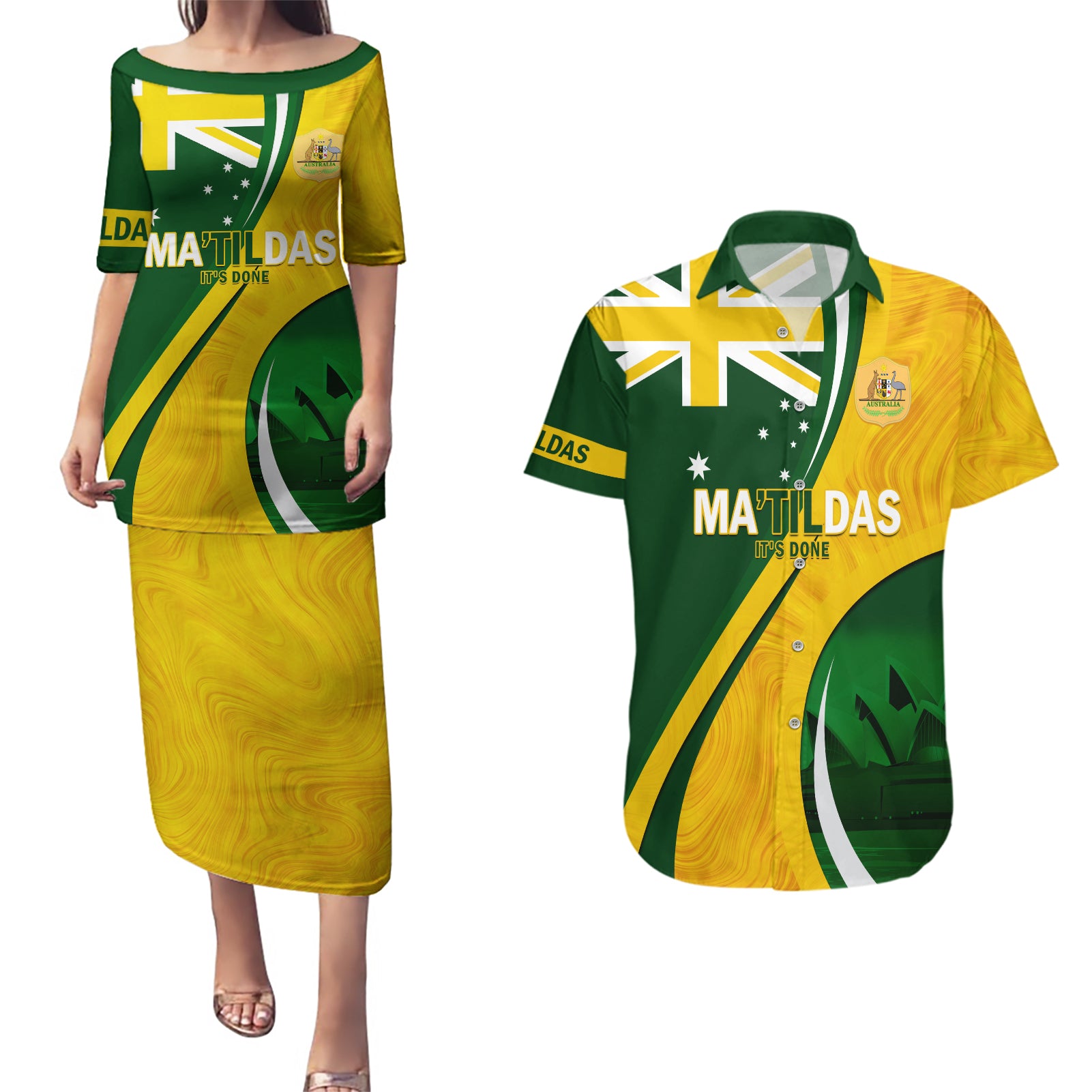 Matildas Soccer Couples Matching Puletasi and Hawaiian Shirt 2024 Happy Australia Day Kangaroo Aussie Proud - National Color