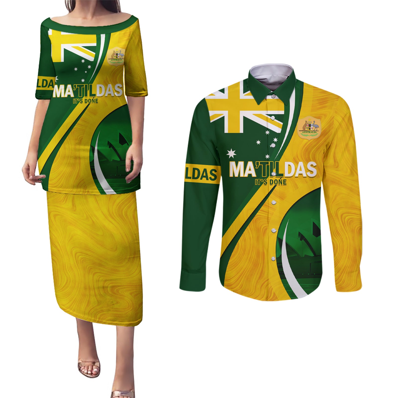 Matildas Soccer Couples Matching Puletasi and Long Sleeve Button Shirt 2024 Happy Australia Day Kangaroo Aussie Proud - National Color