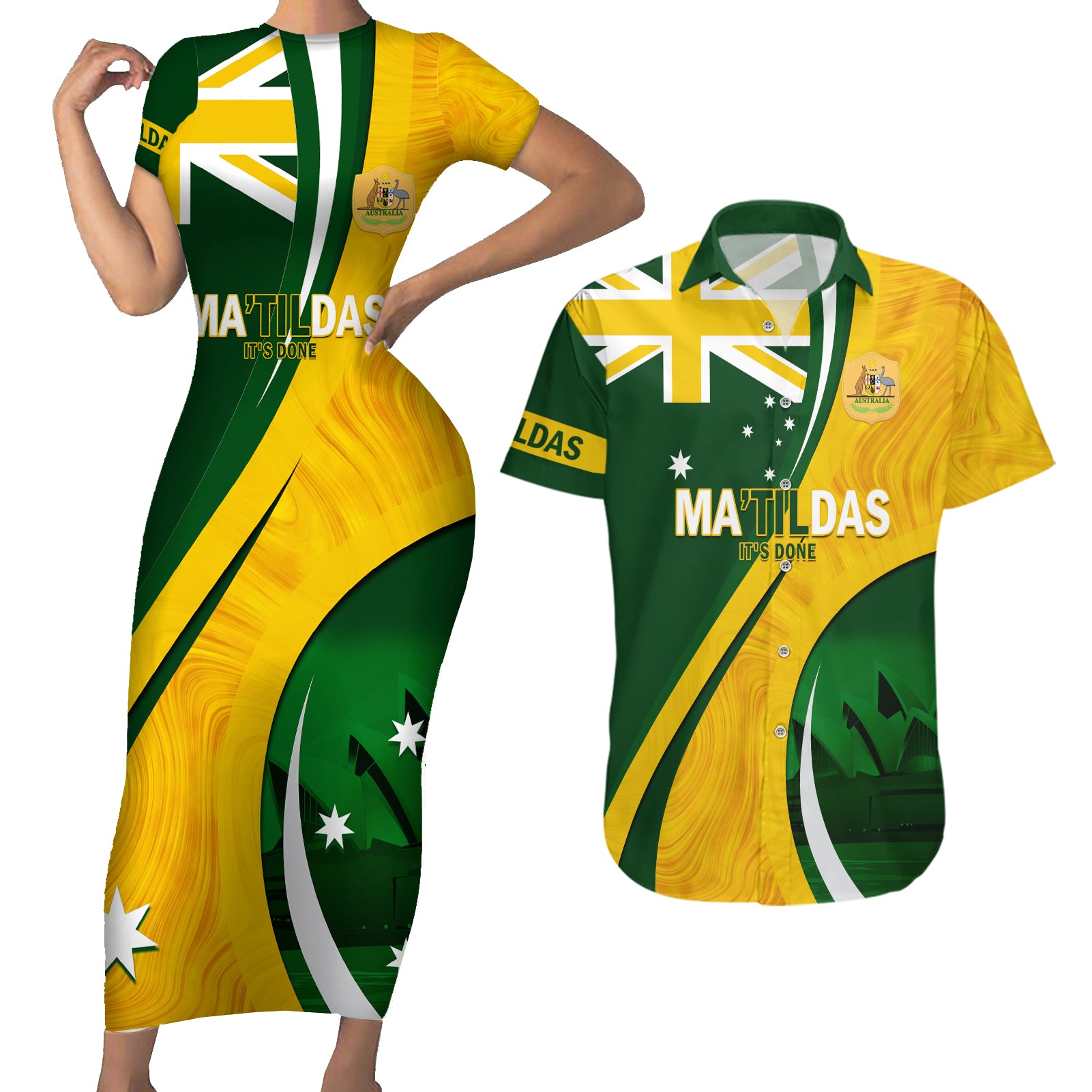 Matildas Soccer Couples Matching Short Sleeve Bodycon Dress and Hawaiian Shirt 2024 Happy Australia Day Kangaroo Aussie Proud - National Color