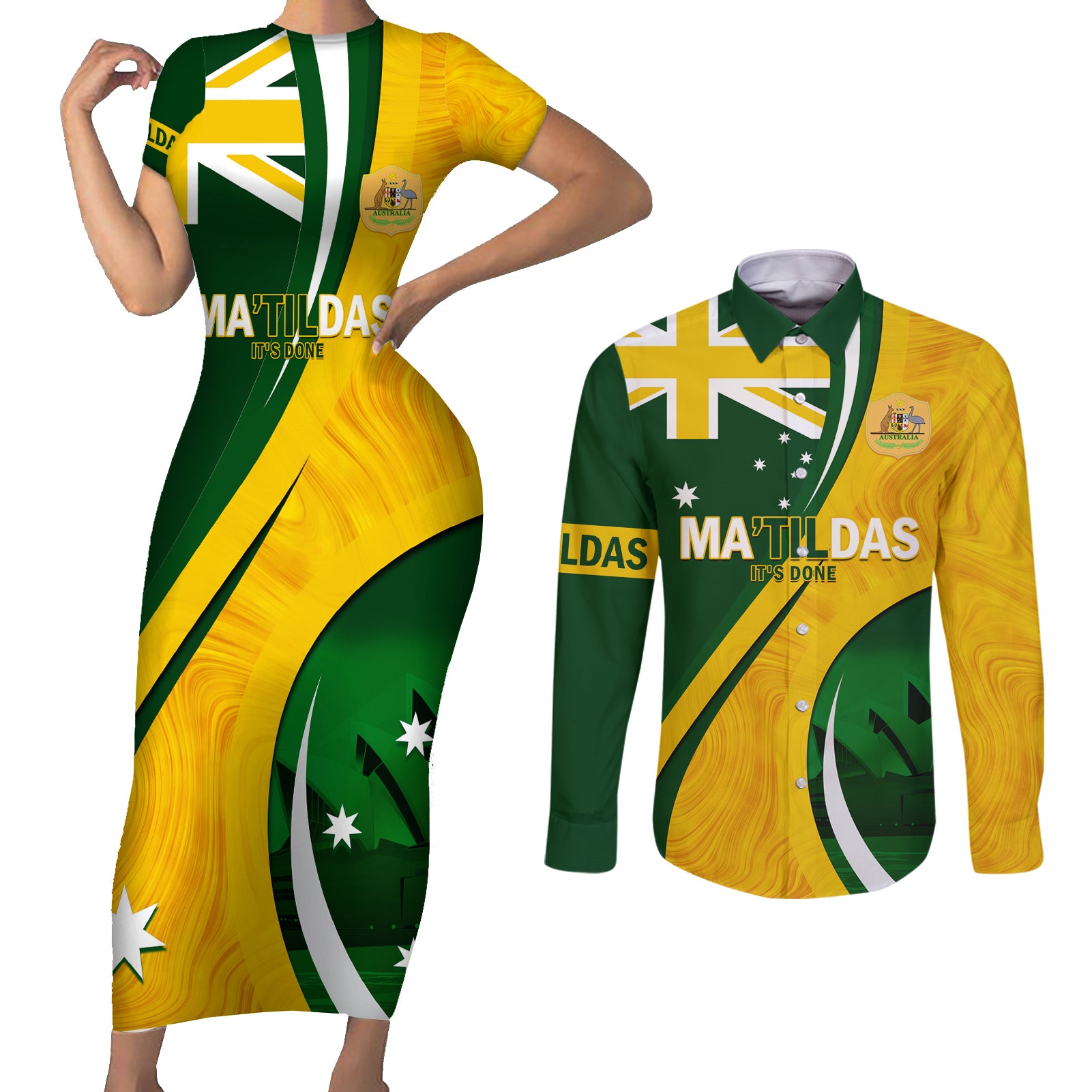 Matildas Soccer Couples Matching Short Sleeve Bodycon Dress and Long Sleeve Button Shirt 2024 Happy Australia Day Kangaroo Aussie Proud - National Color