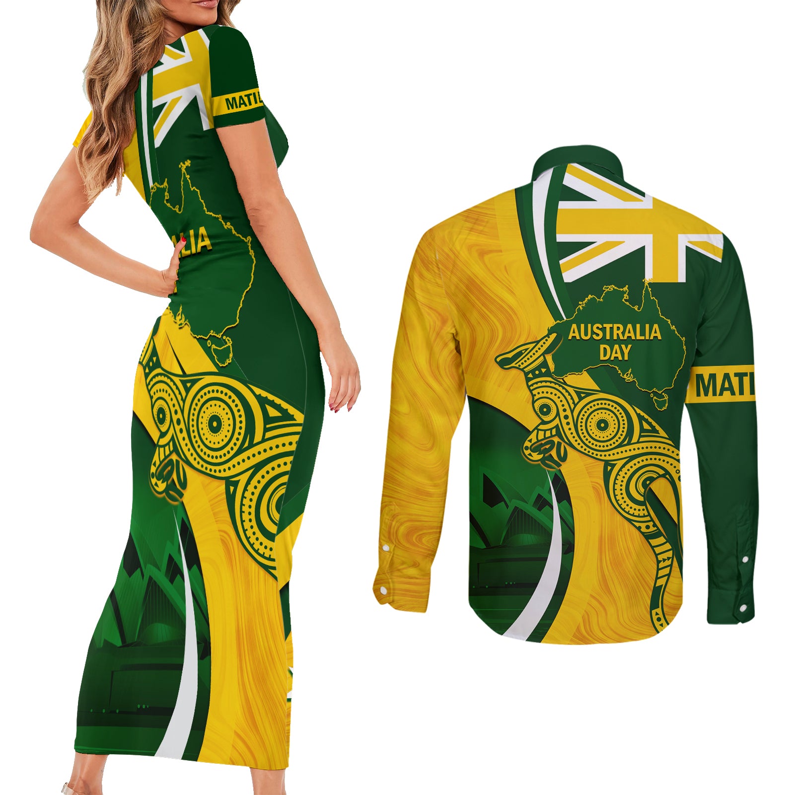 Matildas Soccer Couples Matching Short Sleeve Bodycon Dress and Long Sleeve Button Shirt 2024 Happy Australia Day Kangaroo Aussie Proud - National Color