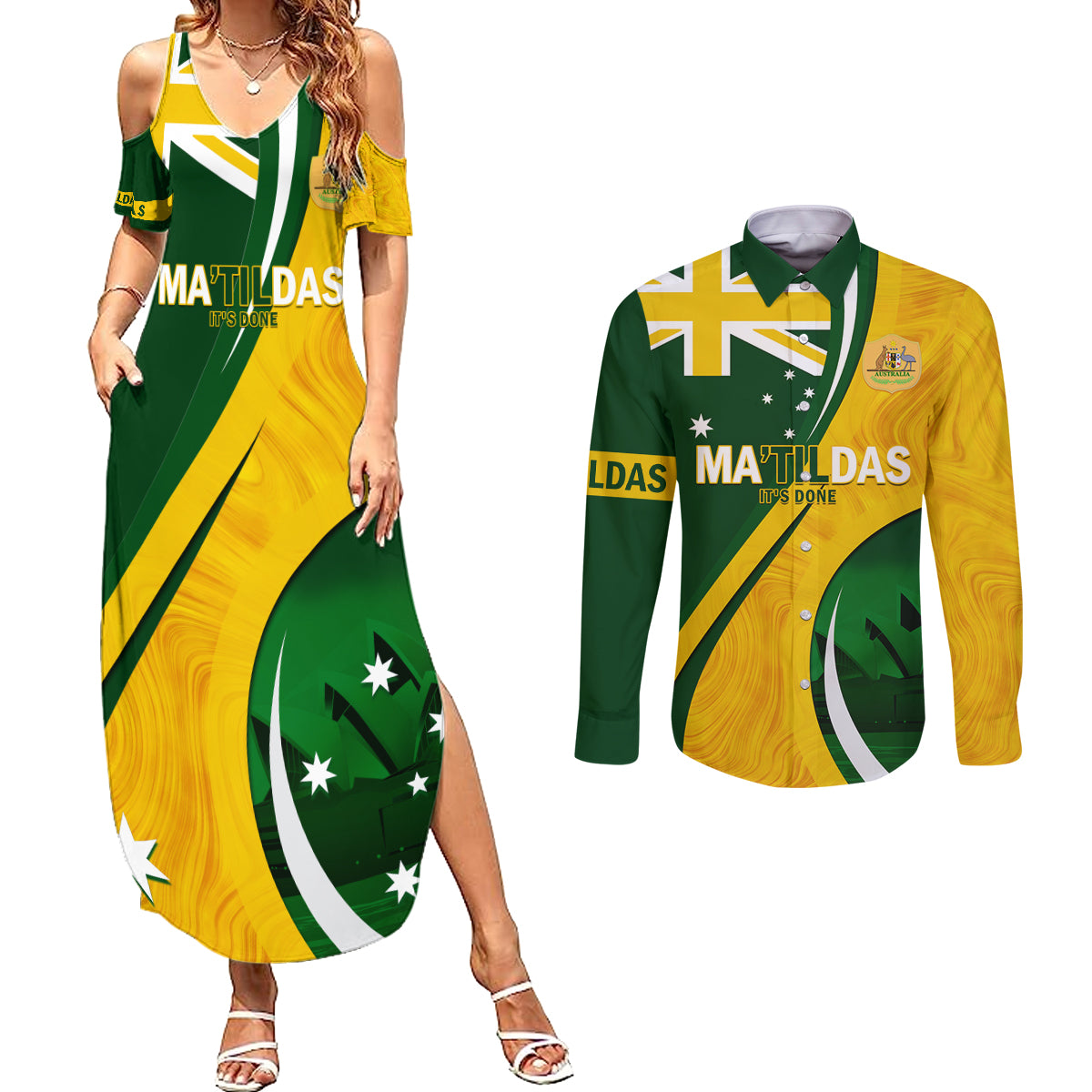 Matildas Soccer Couples Matching Summer Maxi Dress and Long Sleeve Button Shirt 2024 Happy Australia Day Kangaroo Aussie Proud - National Color