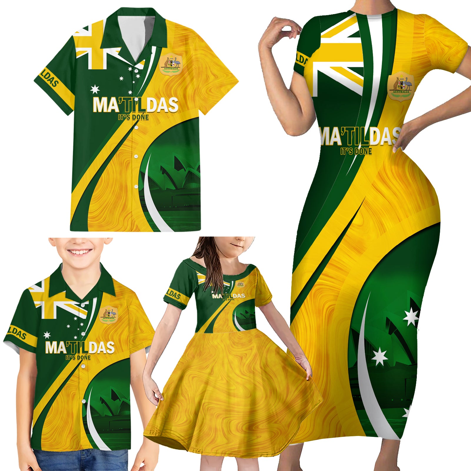 Matildas Soccer Family Matching Short Sleeve Bodycon Dress and Hawaiian Shirt 2024 Happy Australia Day Kangaroo Aussie Proud - National Color