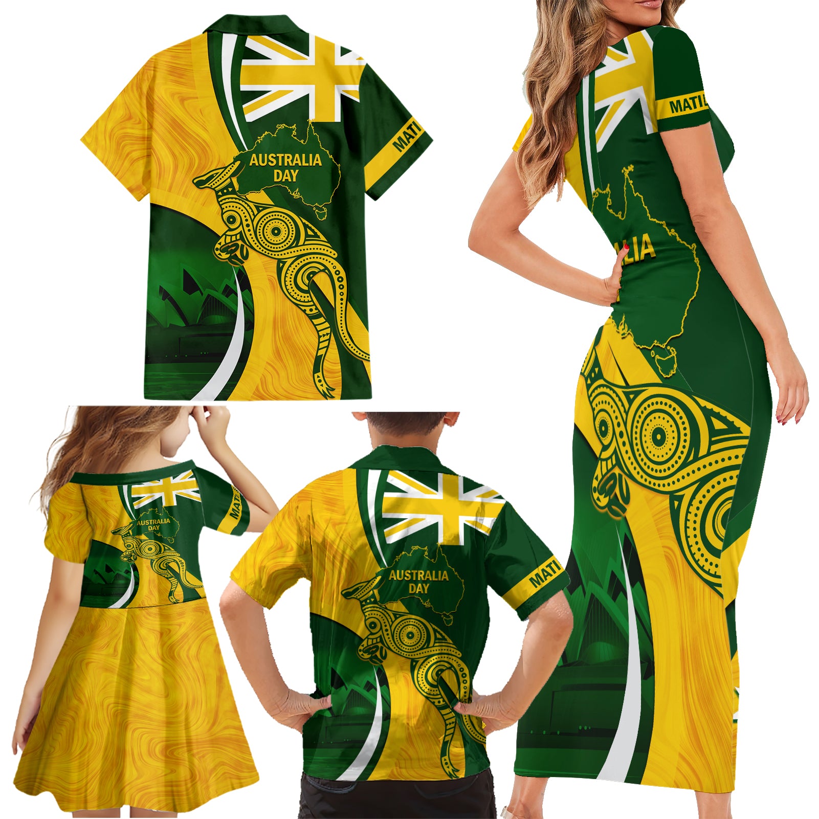 Matildas Soccer Family Matching Short Sleeve Bodycon Dress and Hawaiian Shirt 2024 Happy Australia Day Kangaroo Aussie Proud - National Color