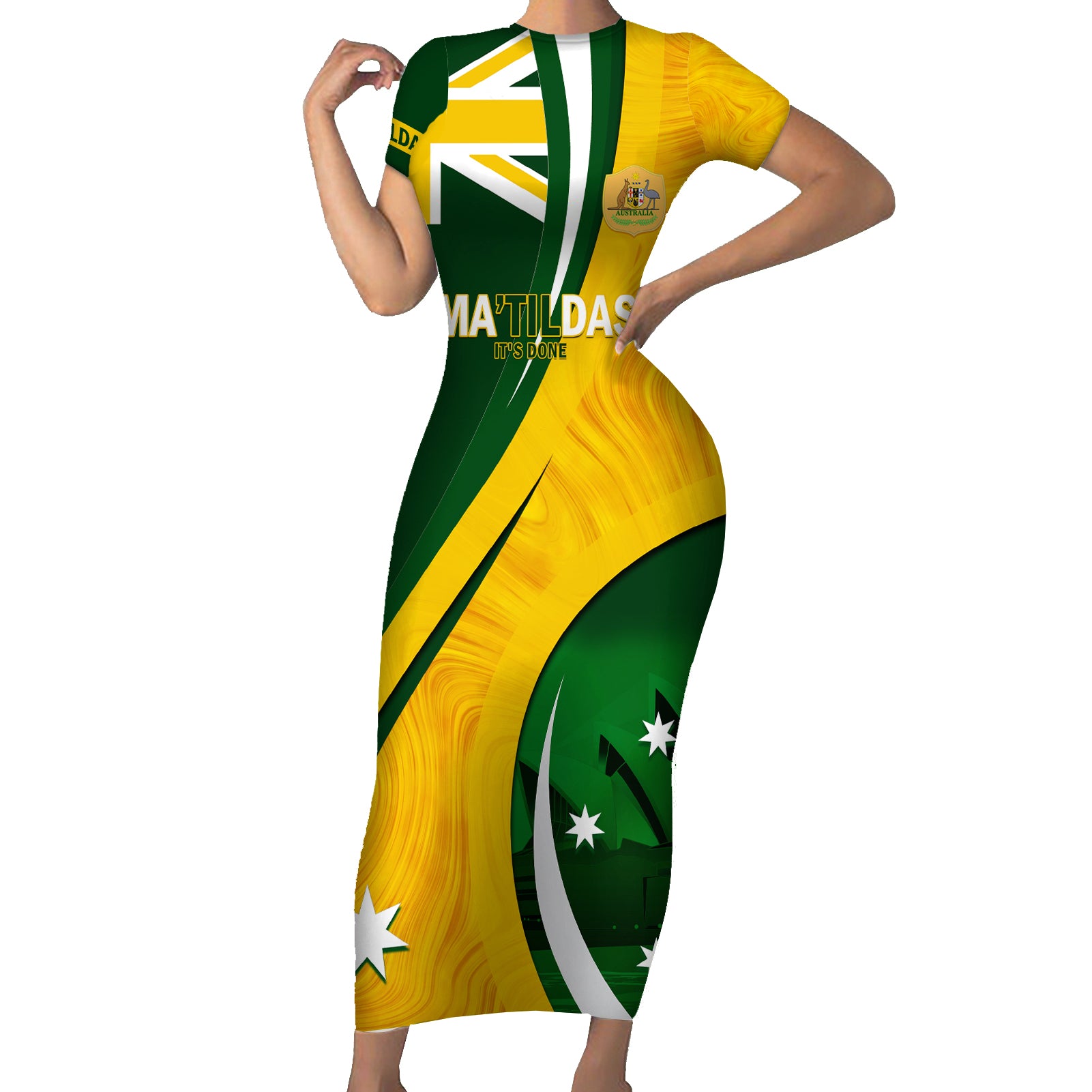 Matildas Soccer Short Sleeve Bodycon Dress 2024 Happy Australia Day Kangaroo Aussie Proud - National Color