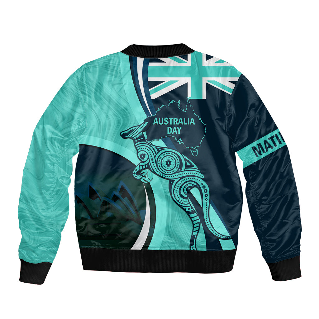 Matildas Soccer Bomber Jacket 2024 Happy Australia Day Kangaroo Aussie Proud - Turquoise - Vibe Hoodie Shop