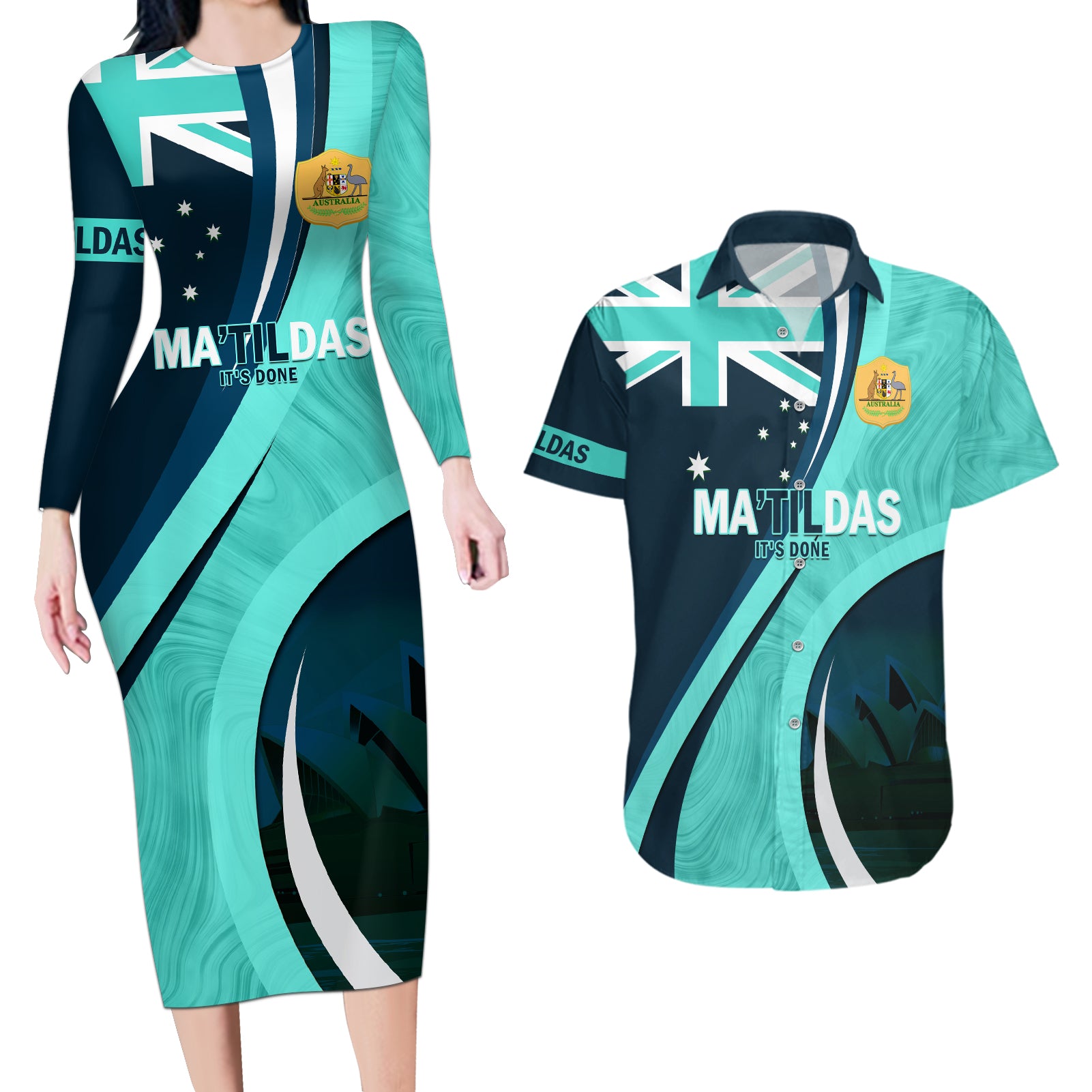 Matildas Soccer Couples Matching Long Sleeve Bodycon Dress and Hawaiian Shirt 2024 Happy Australia Day Kangaroo Aussie Proud - Turquoise