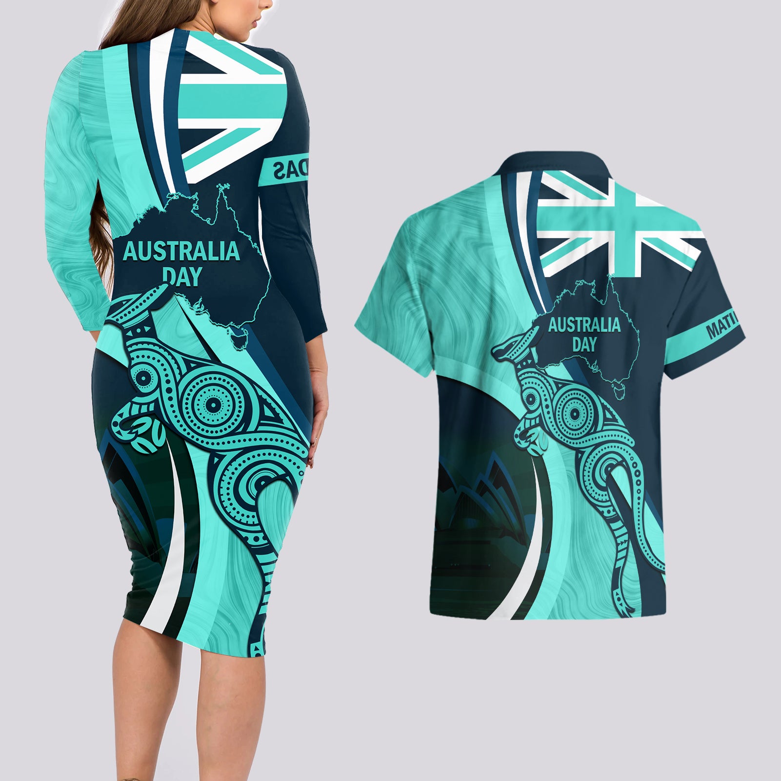 Matildas Soccer Couples Matching Long Sleeve Bodycon Dress and Hawaiian Shirt 2024 Happy Australia Day Kangaroo Aussie Proud - Turquoise