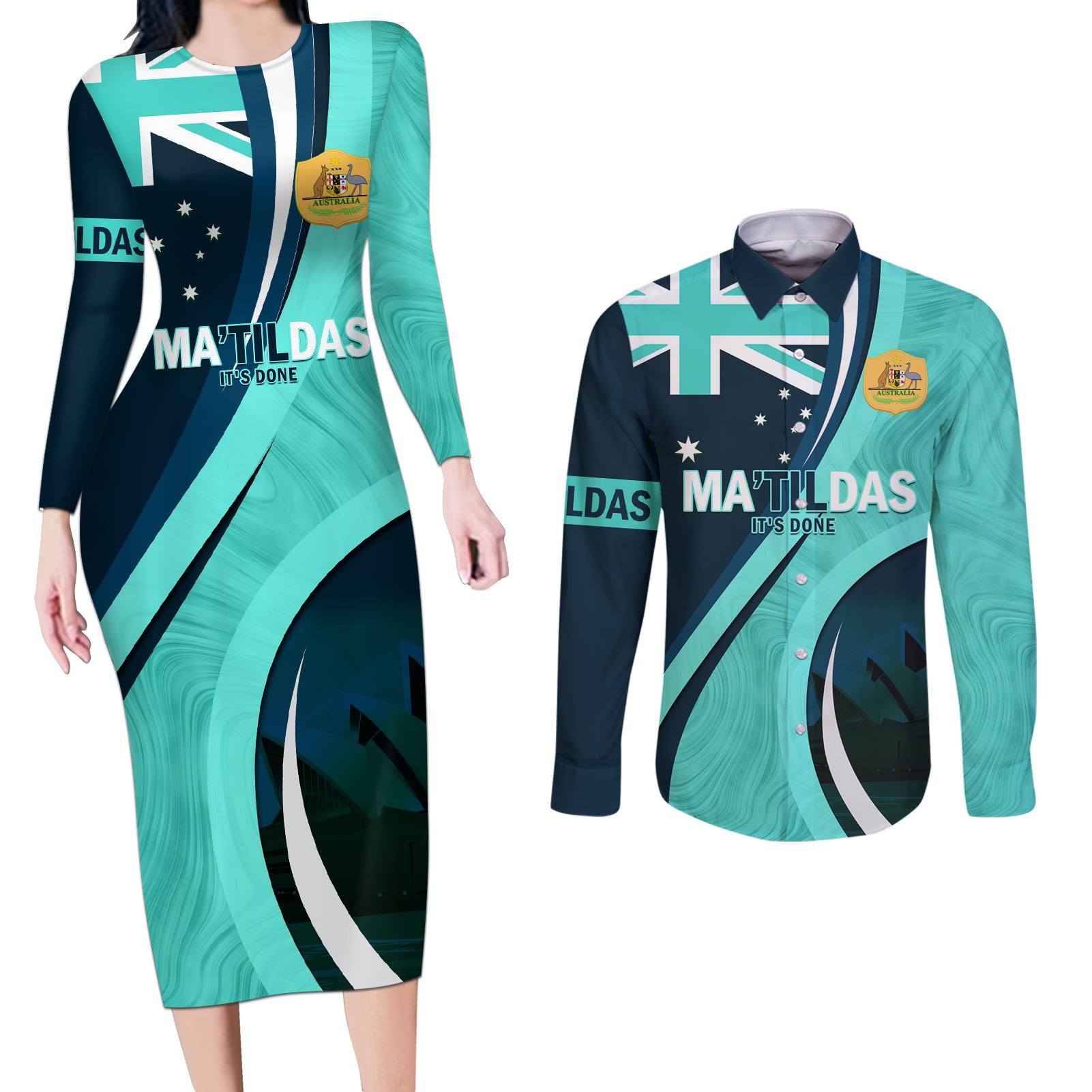 Matildas Soccer Couples Matching Long Sleeve Bodycon Dress and Long Sleeve Button Shirt 2024 Happy Australia Day Kangaroo Aussie Proud - Turquoise