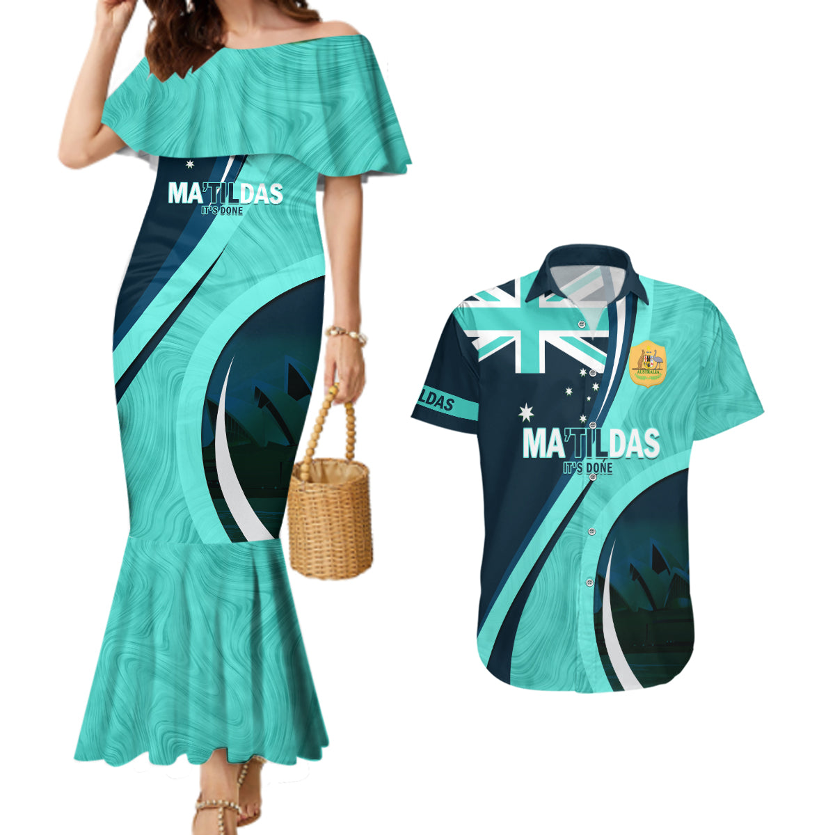 Matildas Soccer Couples Matching Mermaid Dress and Hawaiian Shirt 2024 Happy Australia Day Kangaroo Aussie Proud - Turquoise