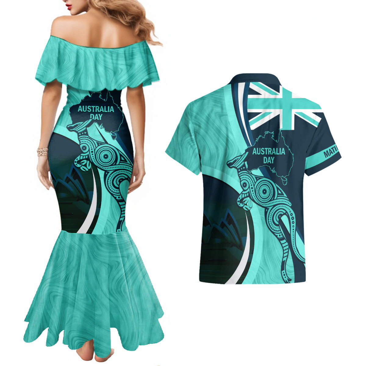 Matildas Soccer Couples Matching Mermaid Dress and Hawaiian Shirt 2024 Happy Australia Day Kangaroo Aussie Proud - Turquoise