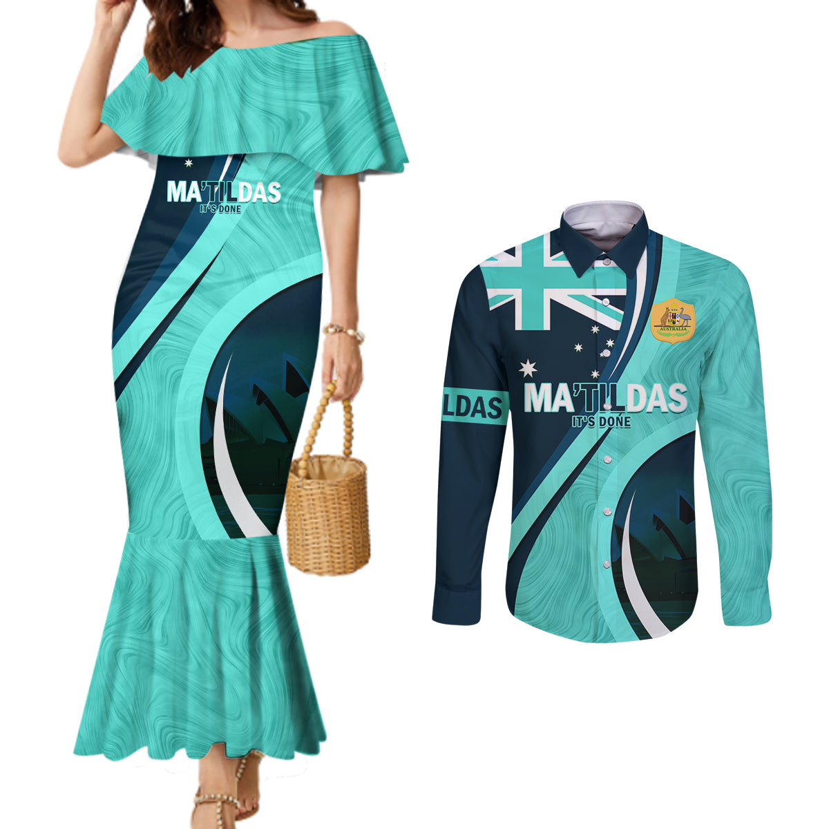 Matildas Soccer Couples Matching Mermaid Dress and Long Sleeve Button Shirt 2024 Happy Australia Day Kangaroo Aussie Proud - Turquoise