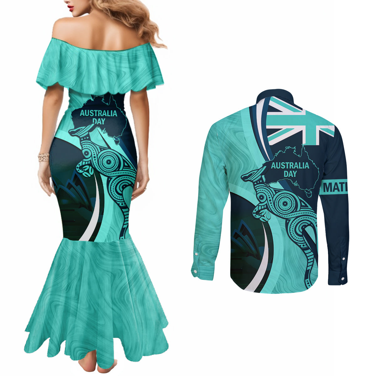 Matildas Soccer Couples Matching Mermaid Dress and Long Sleeve Button Shirt 2024 Happy Australia Day Kangaroo Aussie Proud - Turquoise