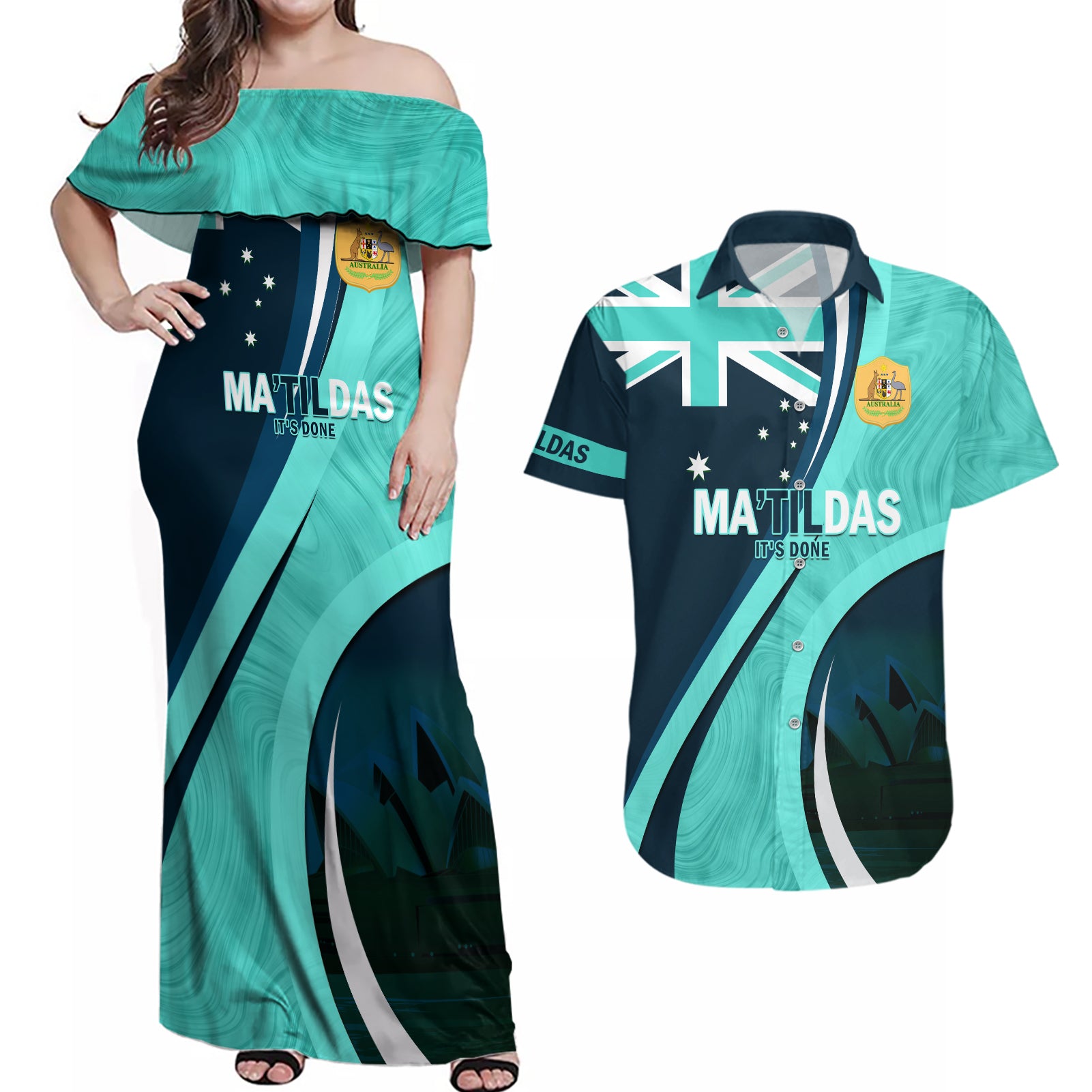 Matildas Soccer Couples Matching Off Shoulder Maxi Dress and Hawaiian Shirt 2024 Happy Australia Day Kangaroo Aussie Proud - Turquoise