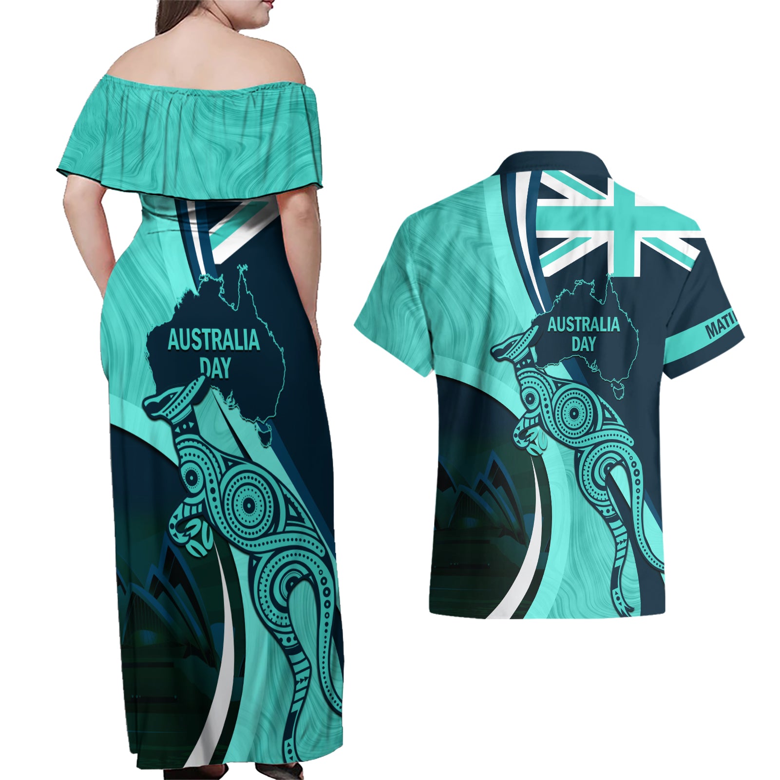 Matildas Soccer Couples Matching Off Shoulder Maxi Dress and Hawaiian Shirt 2024 Happy Australia Day Kangaroo Aussie Proud - Turquoise