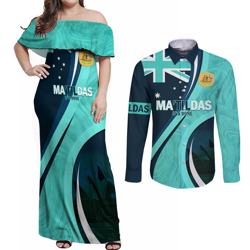 Matildas Soccer Couples Matching Off Shoulder Maxi Dress and Long Sleeve Button Shirt 2024 Happy Australia Day Kangaroo Aussie Proud - Turquoise