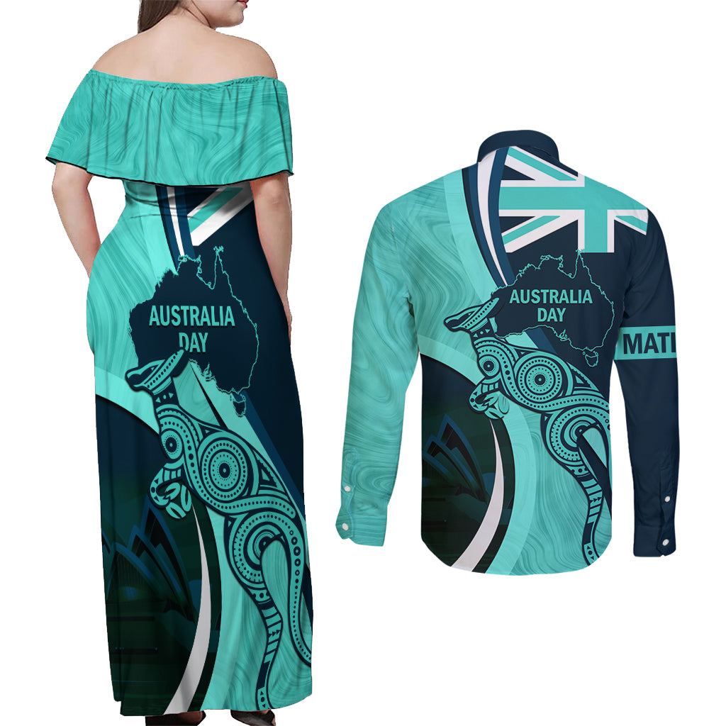 Matildas Soccer Couples Matching Off Shoulder Maxi Dress and Long Sleeve Button Shirt 2024 Happy Australia Day Kangaroo Aussie Proud - Turquoise