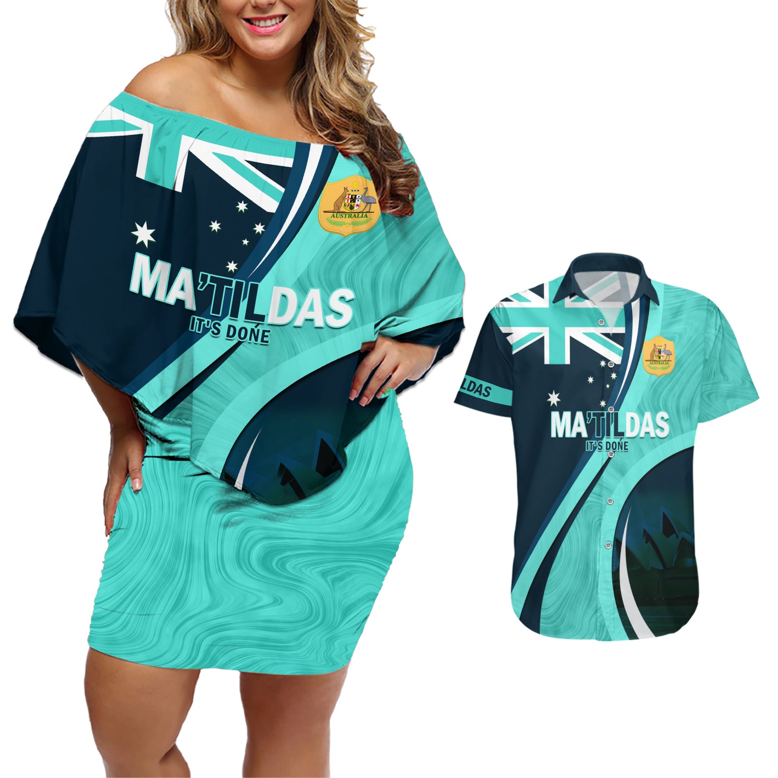 Matildas Soccer Couples Matching Off Shoulder Short Dress and Hawaiian Shirt 2024 Happy Australia Day Kangaroo Aussie Proud - Turquoise