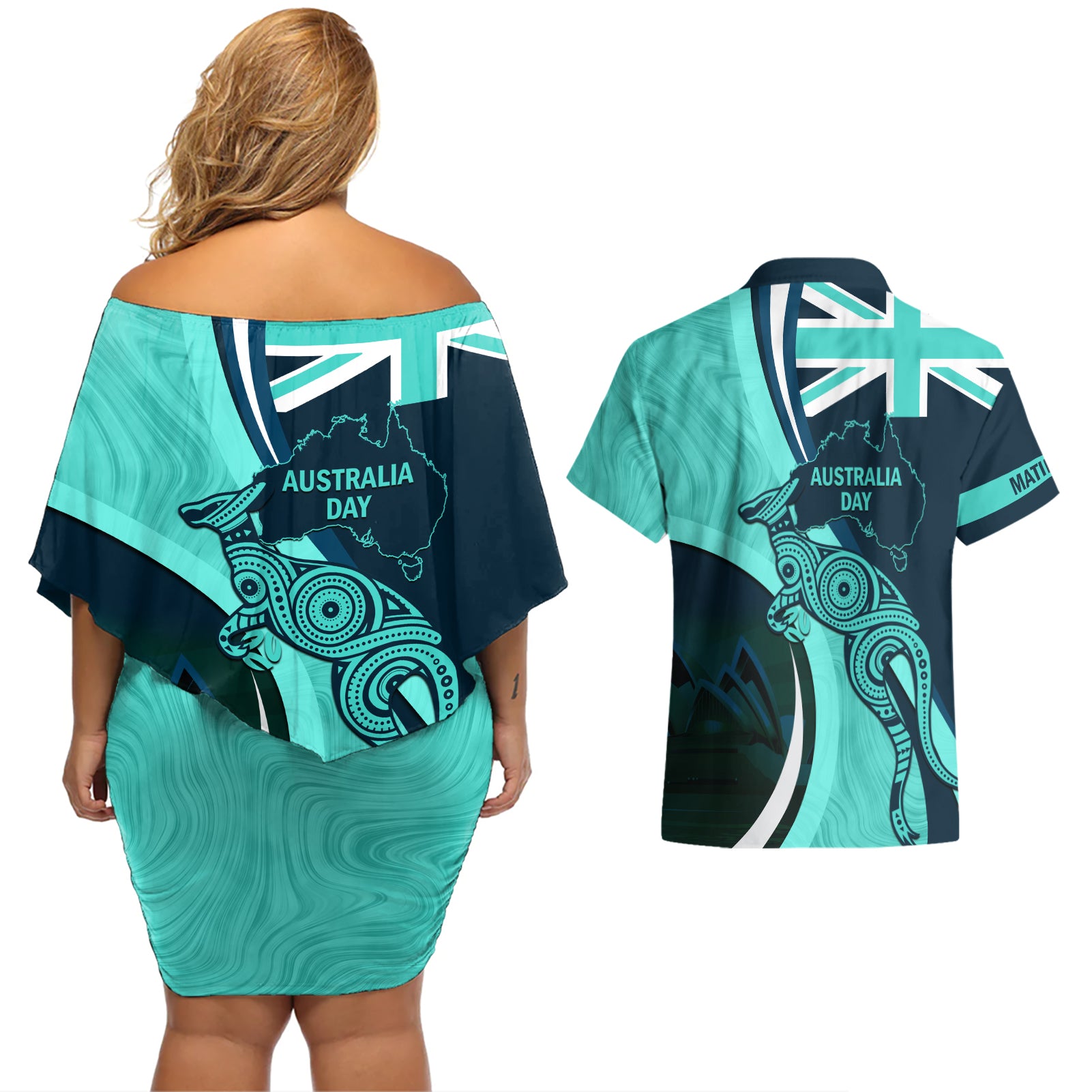 Matildas Soccer Couples Matching Off Shoulder Short Dress and Hawaiian Shirt 2024 Happy Australia Day Kangaroo Aussie Proud - Turquoise