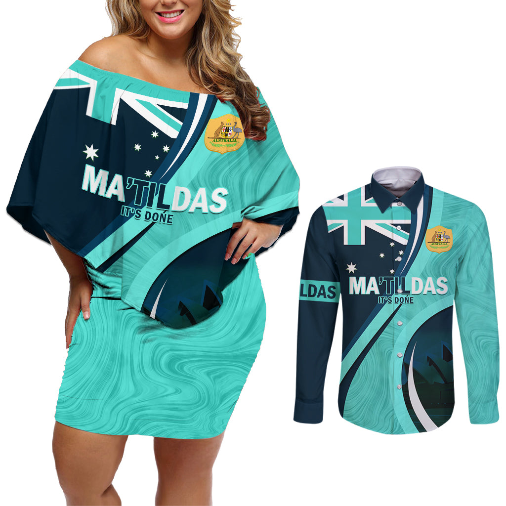 Matildas Soccer Couples Matching Off Shoulder Short Dress and Long Sleeve Button Shirt 2024 Happy Australia Day Kangaroo Aussie Proud - Turquoise