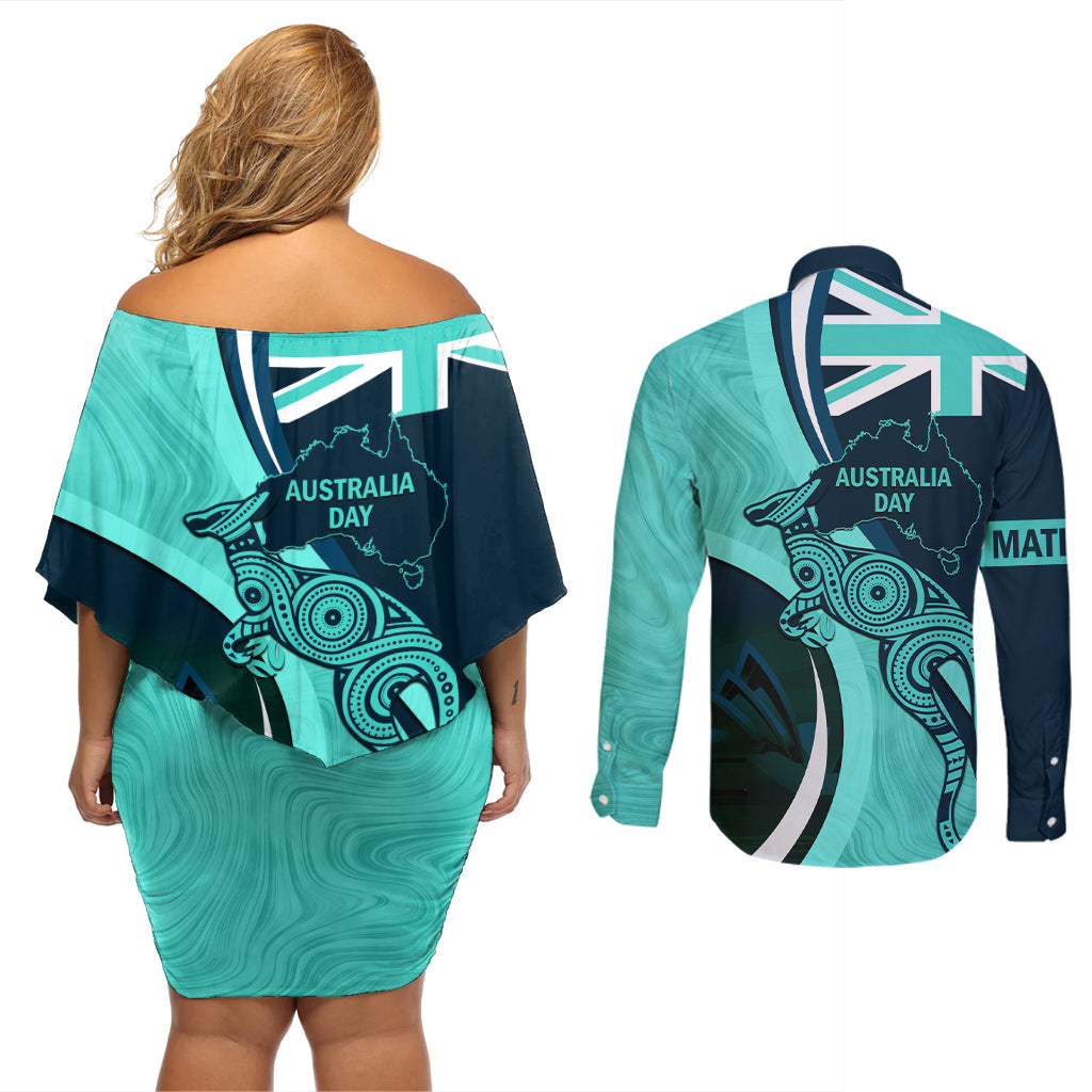 Matildas Soccer Couples Matching Off Shoulder Short Dress and Long Sleeve Button Shirt 2024 Happy Australia Day Kangaroo Aussie Proud - Turquoise