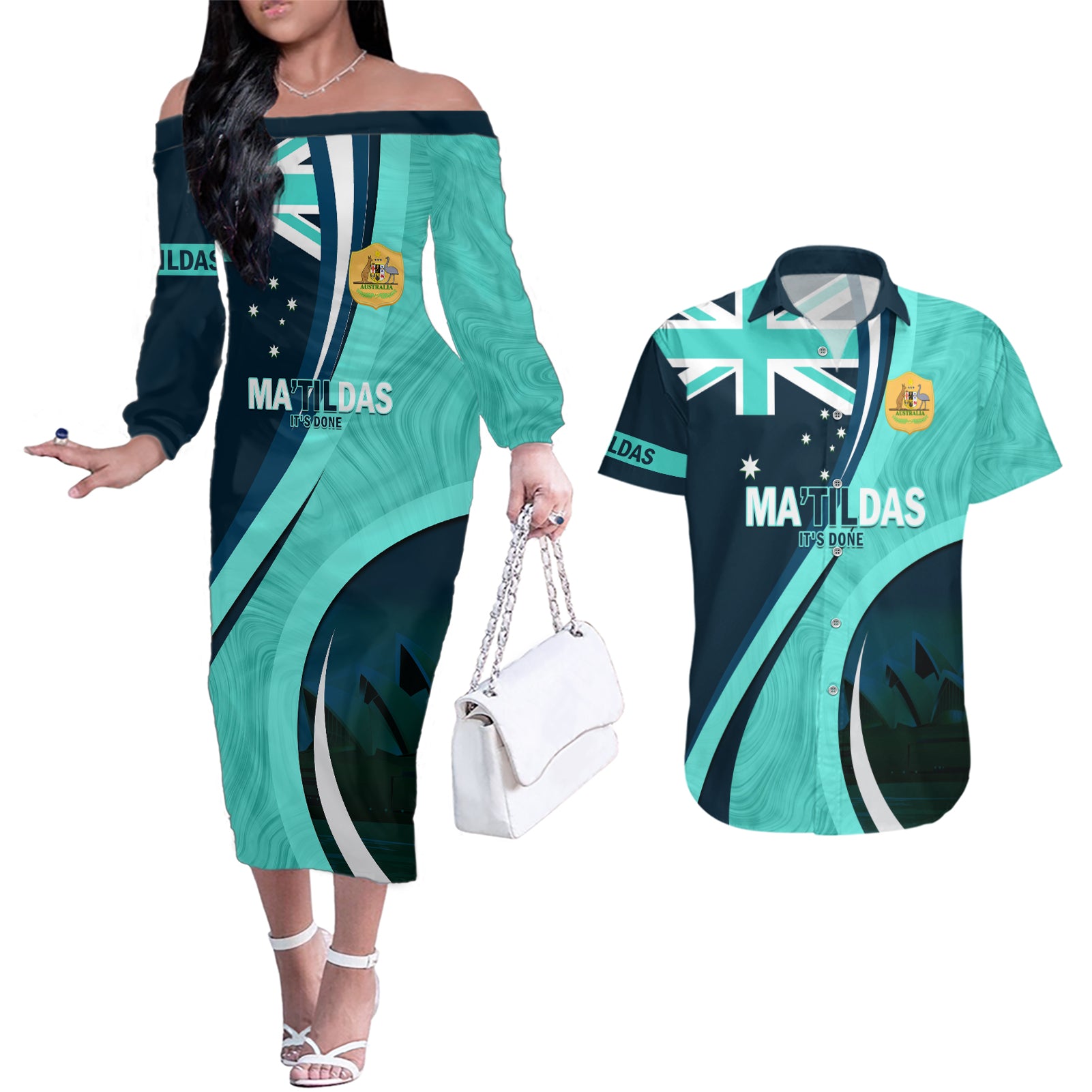 Matildas Soccer Couples Matching Off The Shoulder Long Sleeve Dress and Hawaiian Shirt 2024 Happy Australia Day Kangaroo Aussie Proud - Turquoise