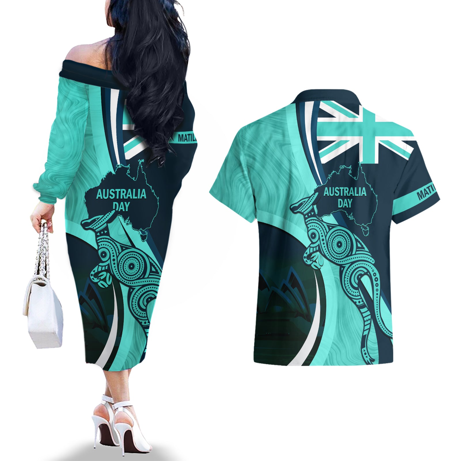 Matildas Soccer Couples Matching Off The Shoulder Long Sleeve Dress and Hawaiian Shirt 2024 Happy Australia Day Kangaroo Aussie Proud - Turquoise