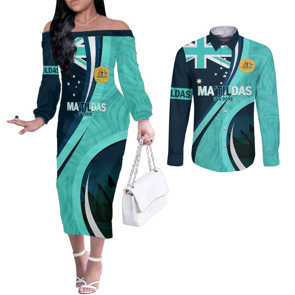 Matildas Soccer Couples Matching Off The Shoulder Long Sleeve Dress and Long Sleeve Button Shirt 2024 Happy Australia Day Kangaroo Aussie Proud - Turquoise