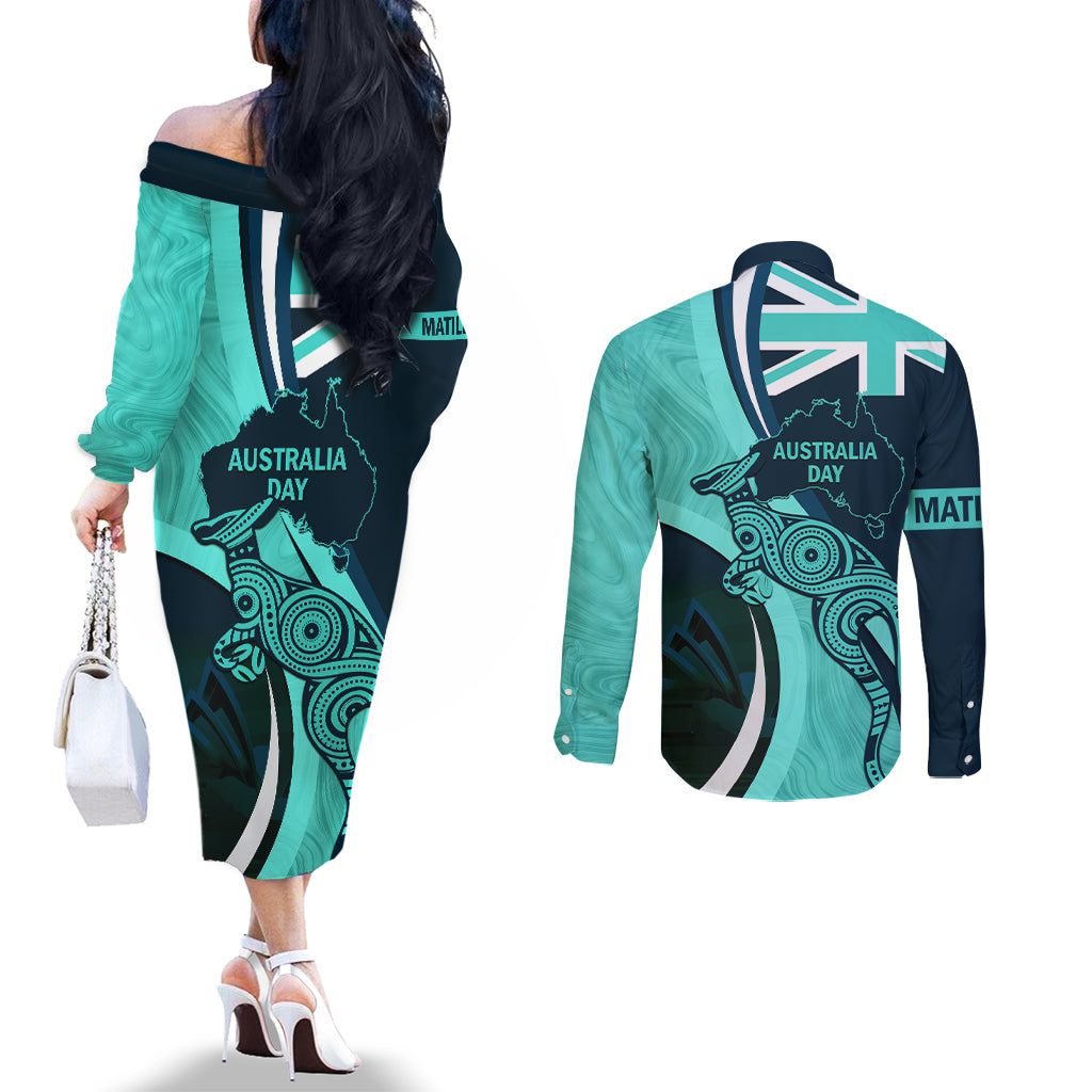 Matildas Soccer Couples Matching Off The Shoulder Long Sleeve Dress and Long Sleeve Button Shirt 2024 Happy Australia Day Kangaroo Aussie Proud - Turquoise