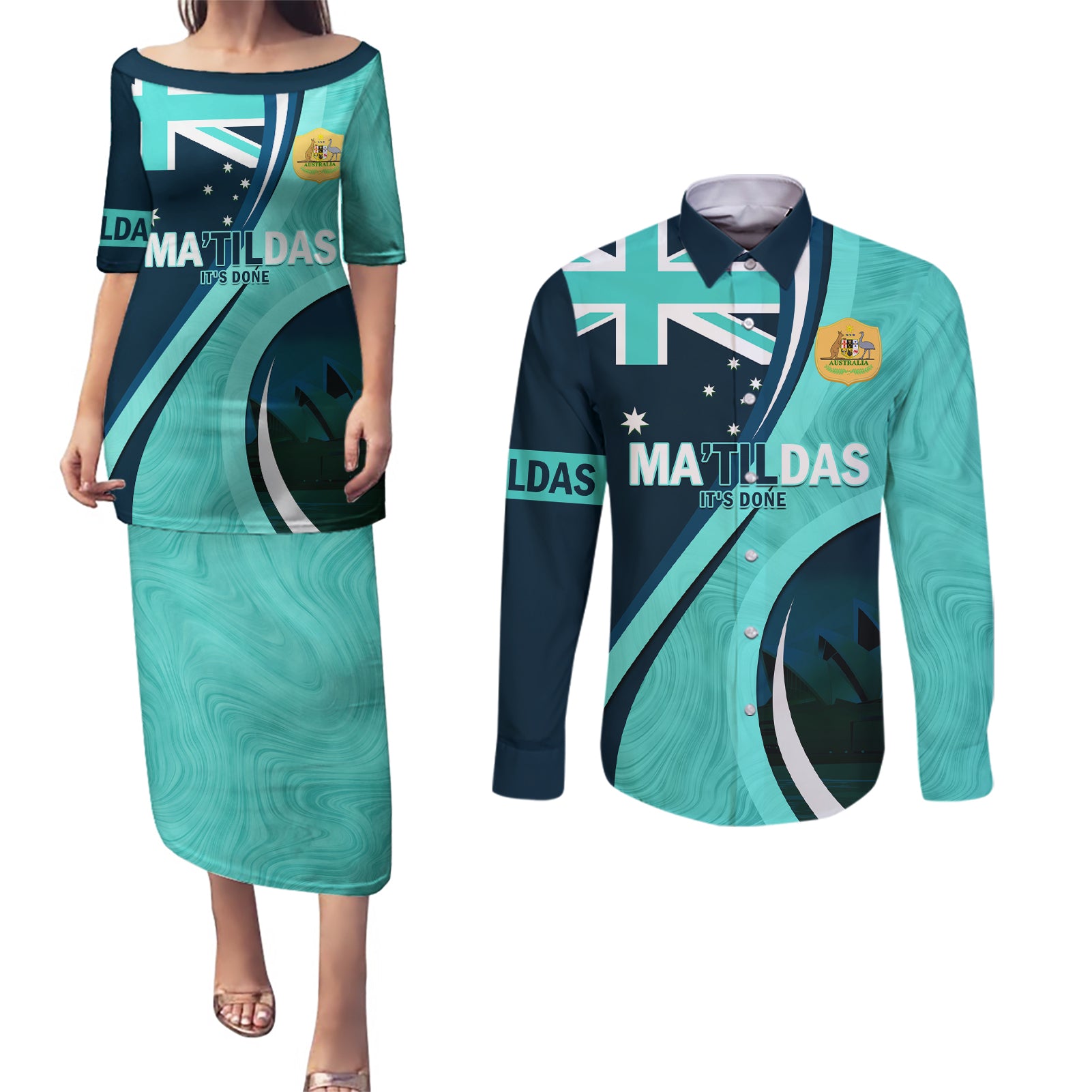 Matildas Soccer Couples Matching Puletasi and Long Sleeve Button Shirt 2024 Happy Australia Day Kangaroo Aussie Proud - Turquoise