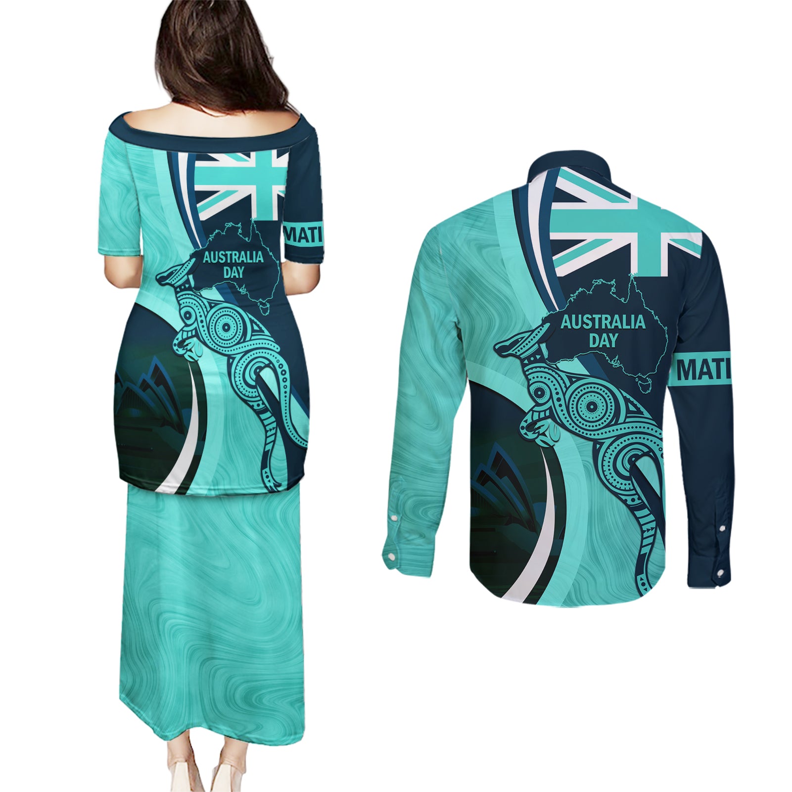 Matildas Soccer Couples Matching Puletasi and Long Sleeve Button Shirt 2024 Happy Australia Day Kangaroo Aussie Proud - Turquoise