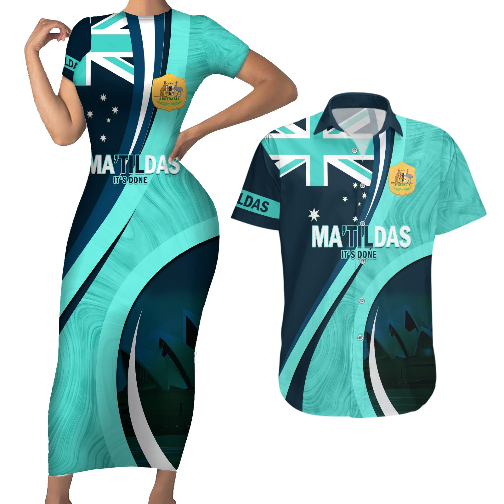 Matildas Soccer Couples Matching Short Sleeve Bodycon Dress and Hawaiian Shirt 2024 Happy Australia Day Kangaroo Aussie Proud - Turquoise