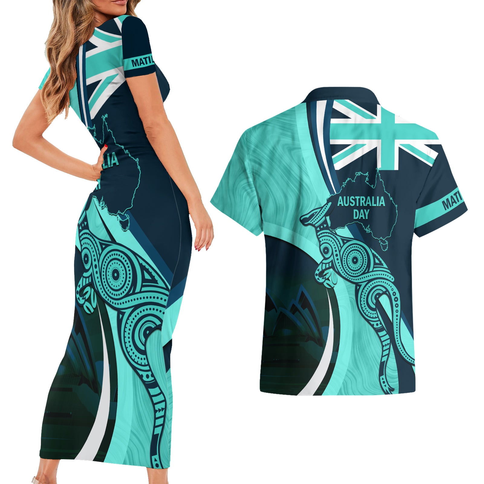 Matildas Soccer Couples Matching Short Sleeve Bodycon Dress and Hawaiian Shirt 2024 Happy Australia Day Kangaroo Aussie Proud - Turquoise