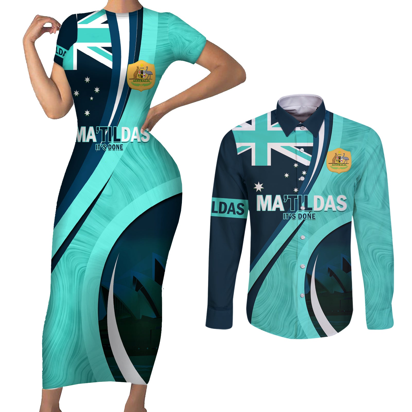 Matildas Soccer Couples Matching Short Sleeve Bodycon Dress and Long Sleeve Button Shirt 2024 Happy Australia Day Kangaroo Aussie Proud - Turquoise