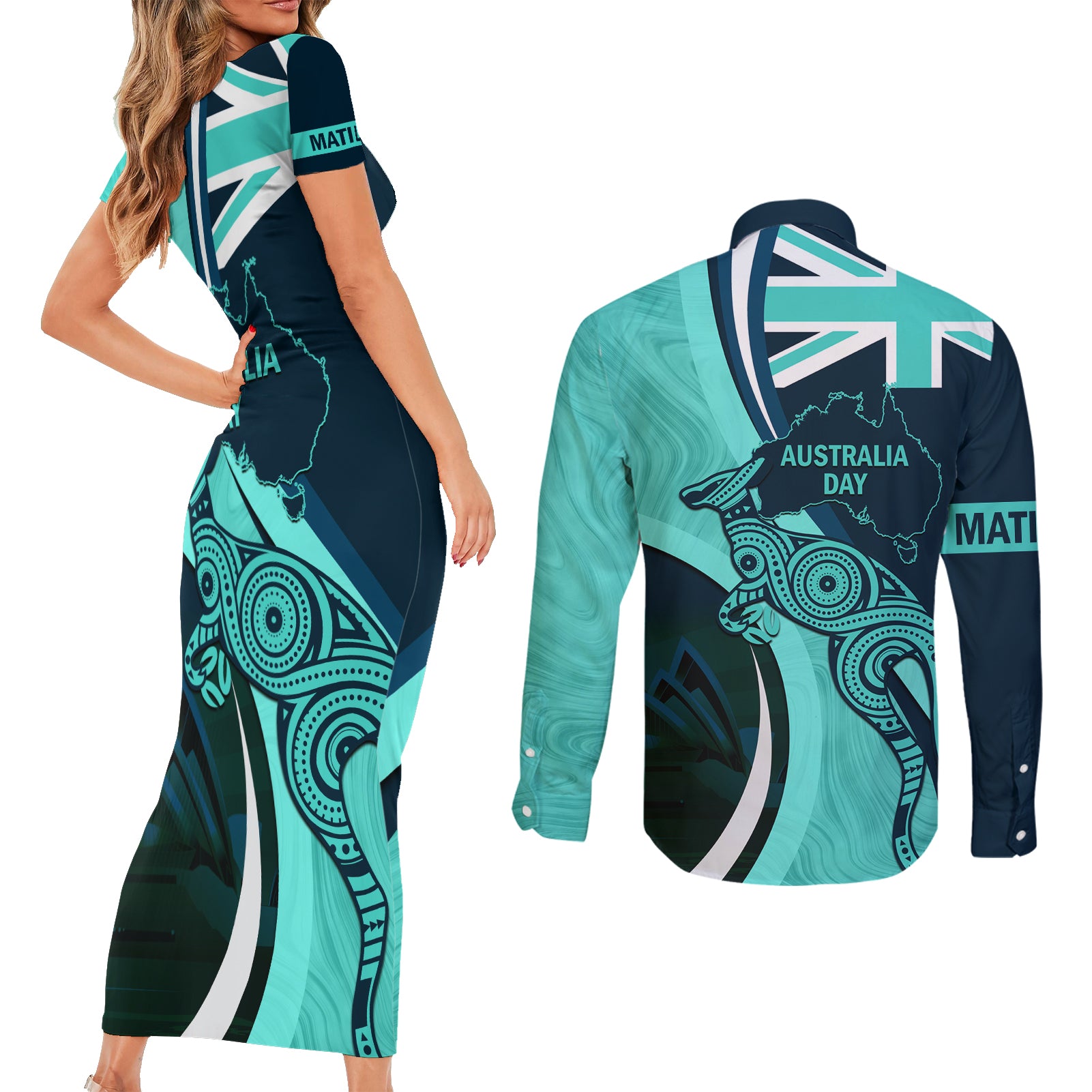 Matildas Soccer Couples Matching Short Sleeve Bodycon Dress and Long Sleeve Button Shirt 2024 Happy Australia Day Kangaroo Aussie Proud - Turquoise