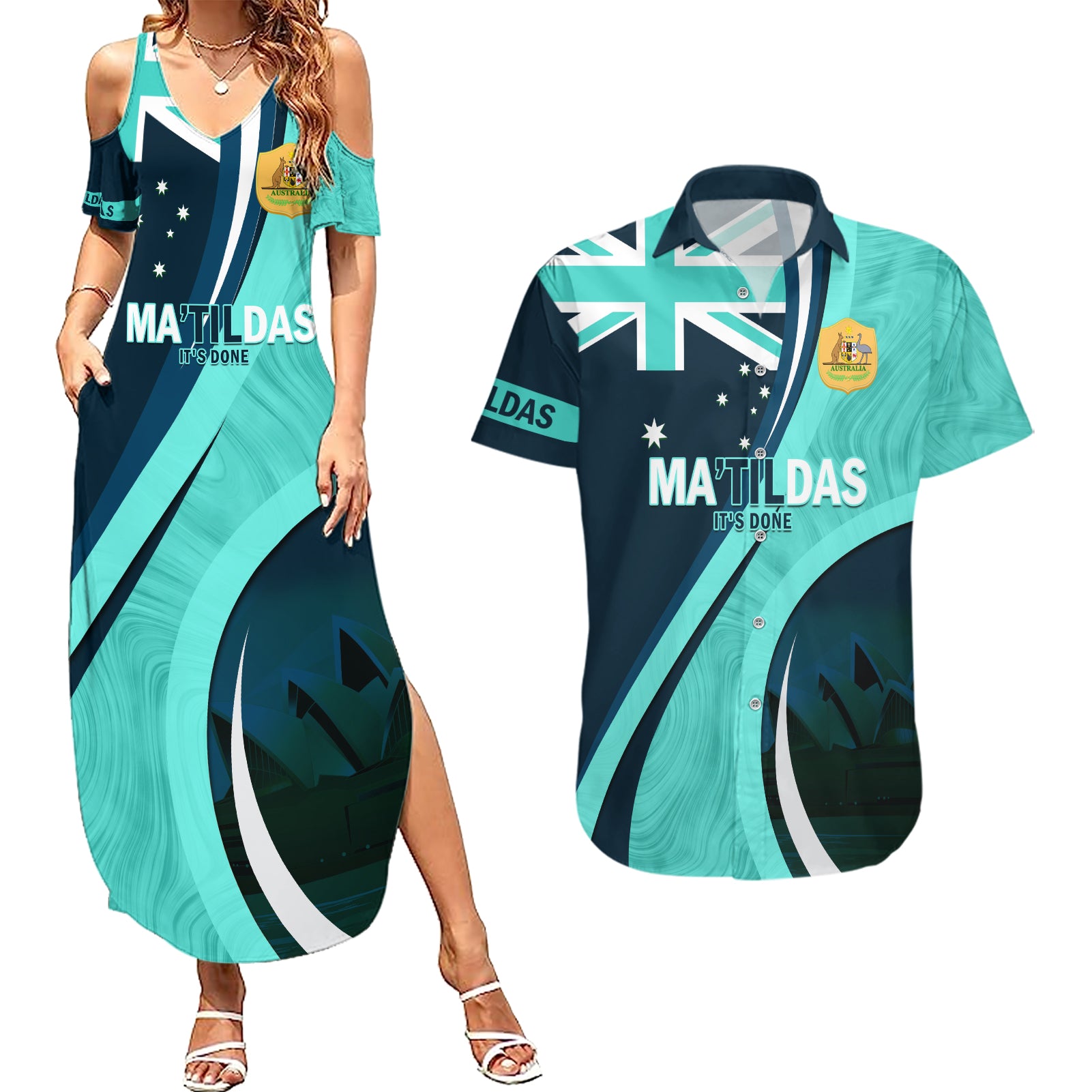 Matildas Soccer Couples Matching Summer Maxi Dress and Hawaiian Shirt 2024 Happy Australia Day Kangaroo Aussie Proud - Turquoise