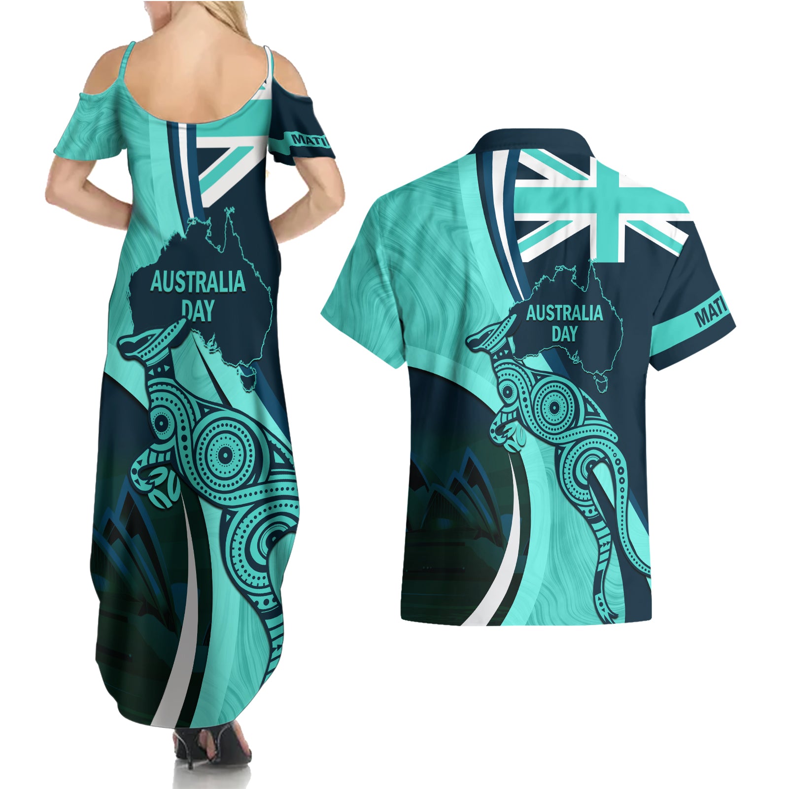 Matildas Soccer Couples Matching Summer Maxi Dress and Hawaiian Shirt 2024 Happy Australia Day Kangaroo Aussie Proud - Turquoise