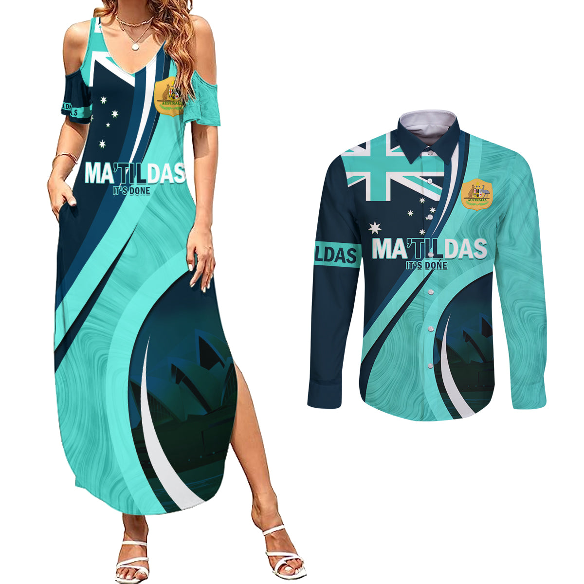 Matildas Soccer Couples Matching Summer Maxi Dress and Long Sleeve Button Shirt 2024 Happy Australia Day Kangaroo Aussie Proud - Turquoise