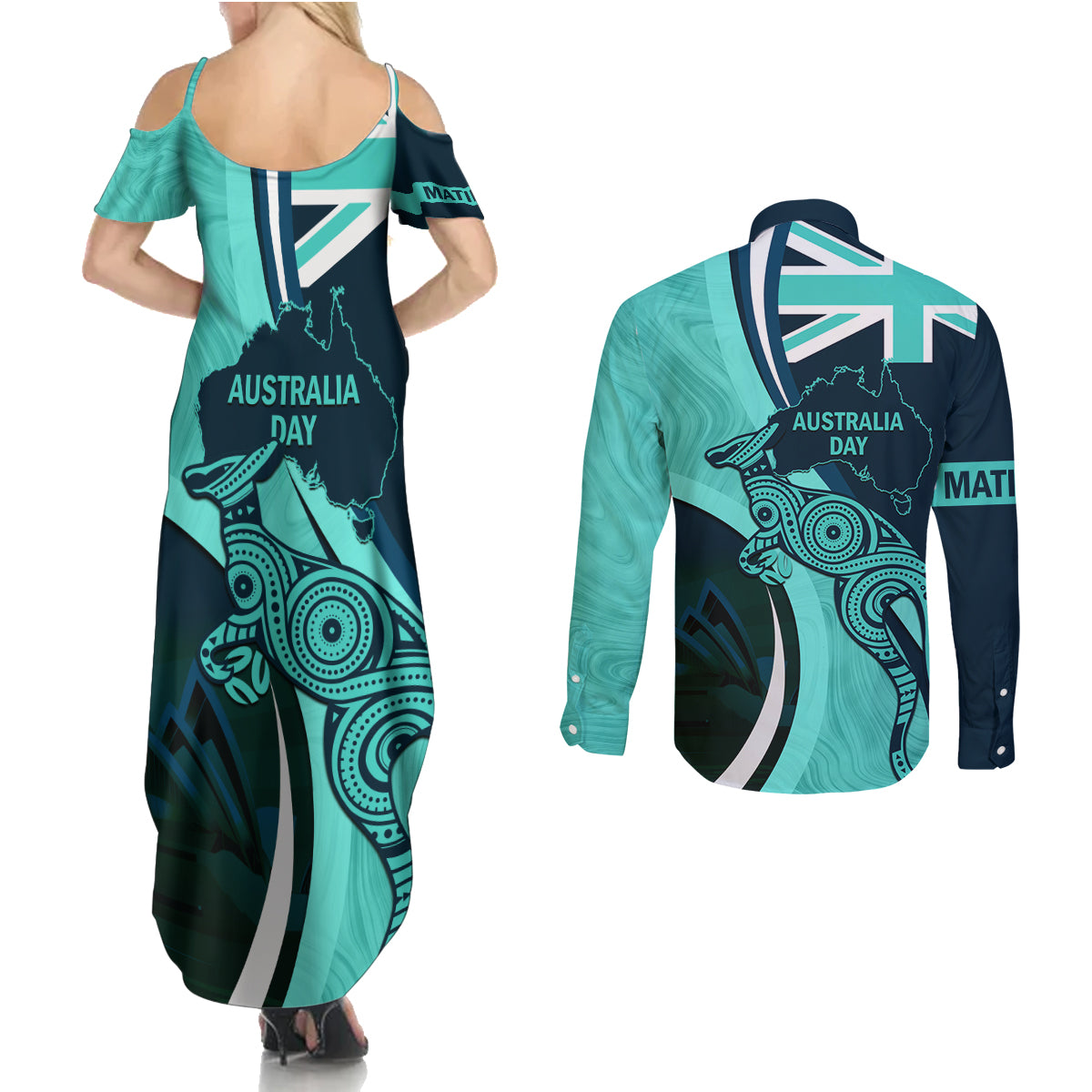 Matildas Soccer Couples Matching Summer Maxi Dress and Long Sleeve Button Shirt 2024 Happy Australia Day Kangaroo Aussie Proud - Turquoise