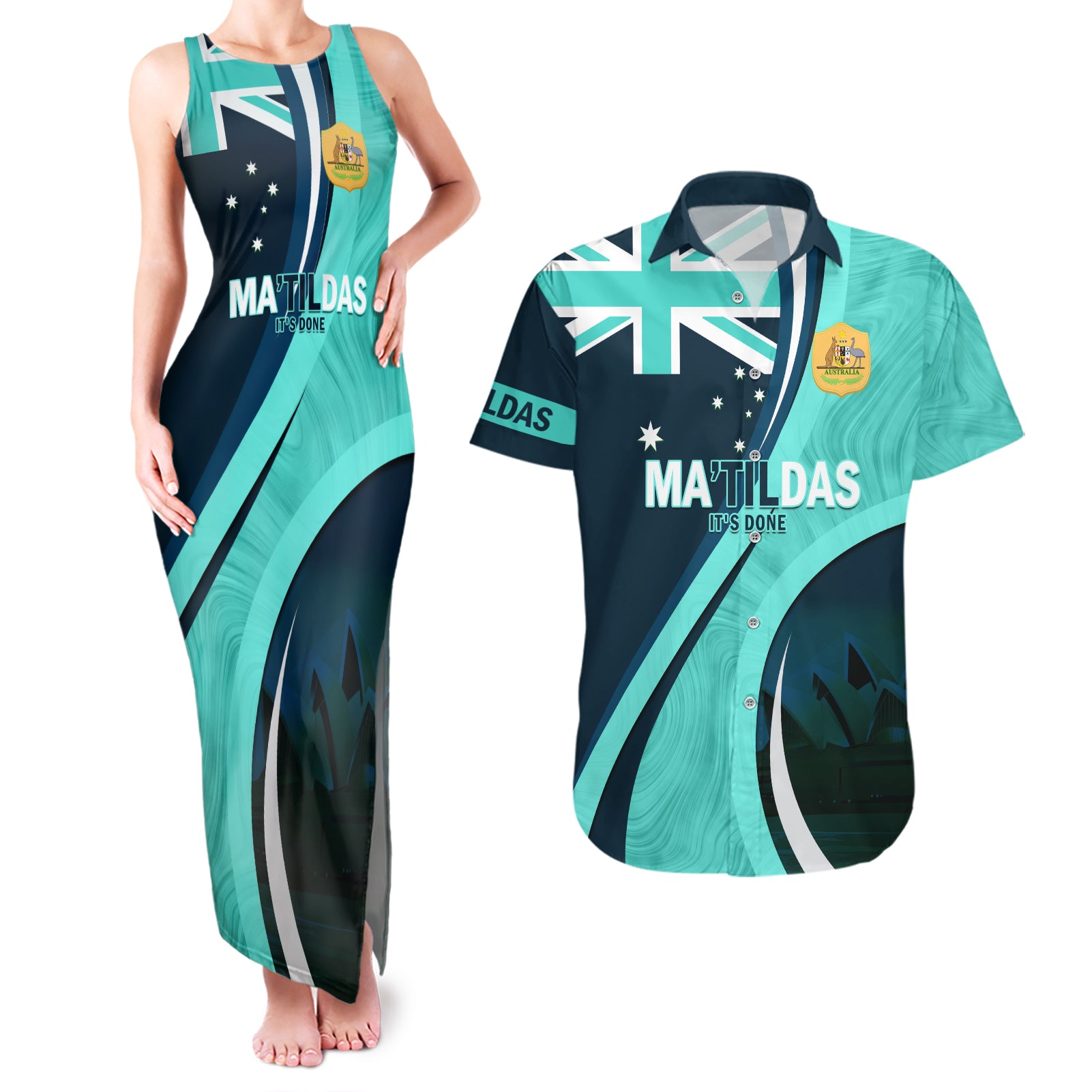 Matildas Soccer Couples Matching Tank Maxi Dress and Hawaiian Shirt 2024 Happy Australia Day Kangaroo Aussie Proud - Turquoise