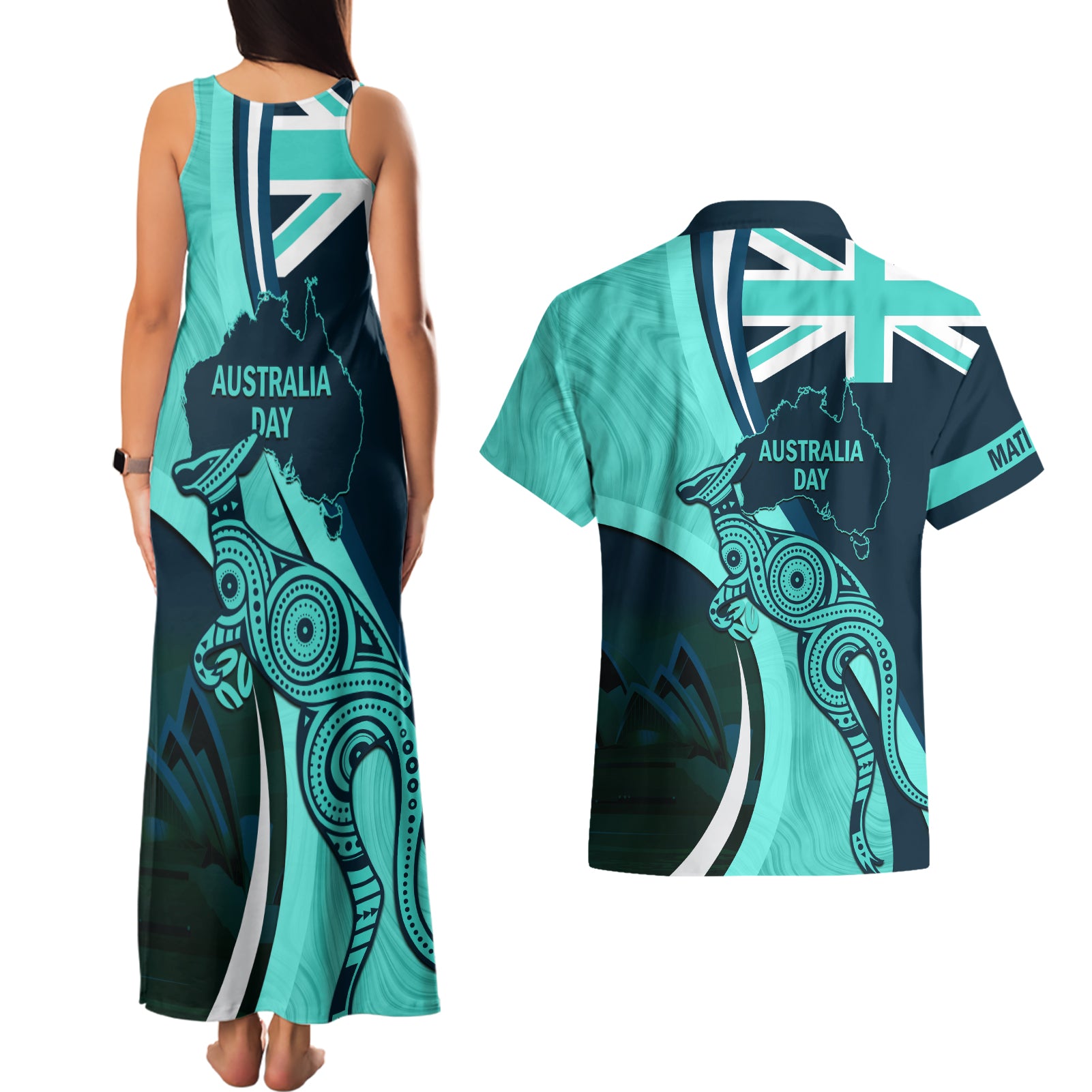 Matildas Soccer Couples Matching Tank Maxi Dress and Hawaiian Shirt 2024 Happy Australia Day Kangaroo Aussie Proud - Turquoise