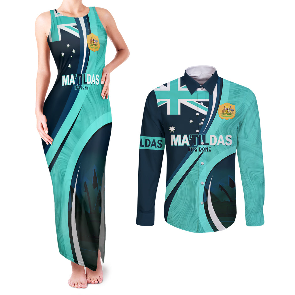 Matildas Soccer Couples Matching Tank Maxi Dress and Long Sleeve Button Shirt 2024 Happy Australia Day Kangaroo Aussie Proud - Turquoise