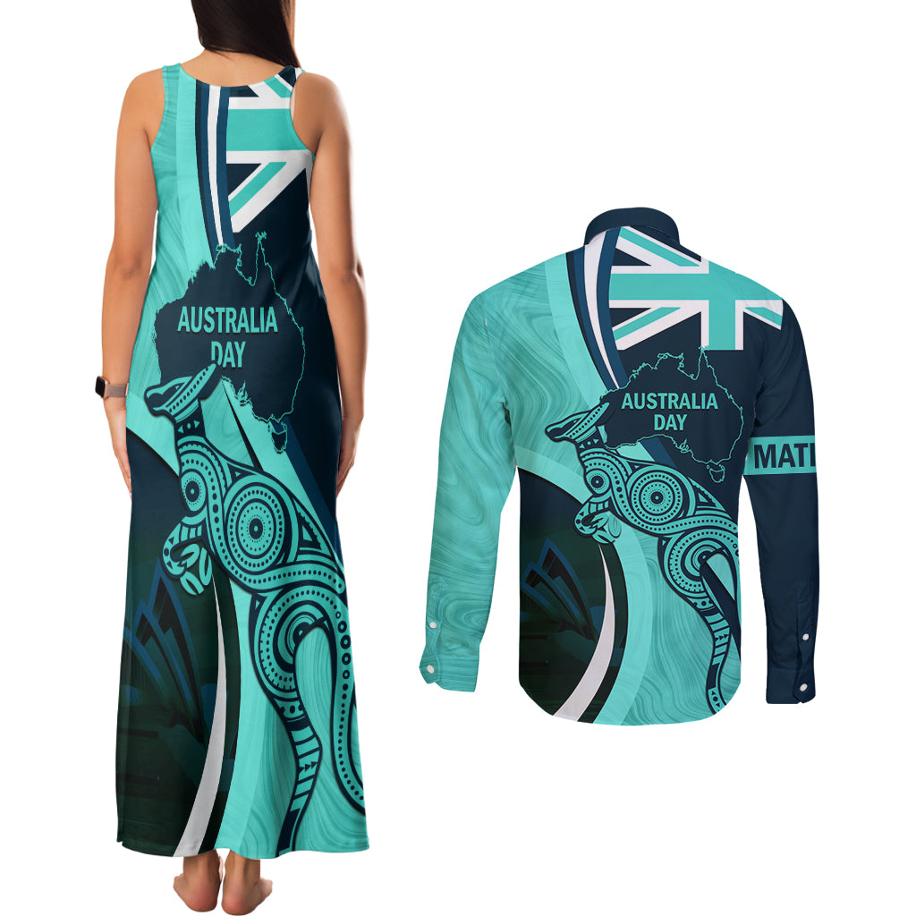 Matildas Soccer Couples Matching Tank Maxi Dress and Long Sleeve Button Shirt 2024 Happy Australia Day Kangaroo Aussie Proud - Turquoise